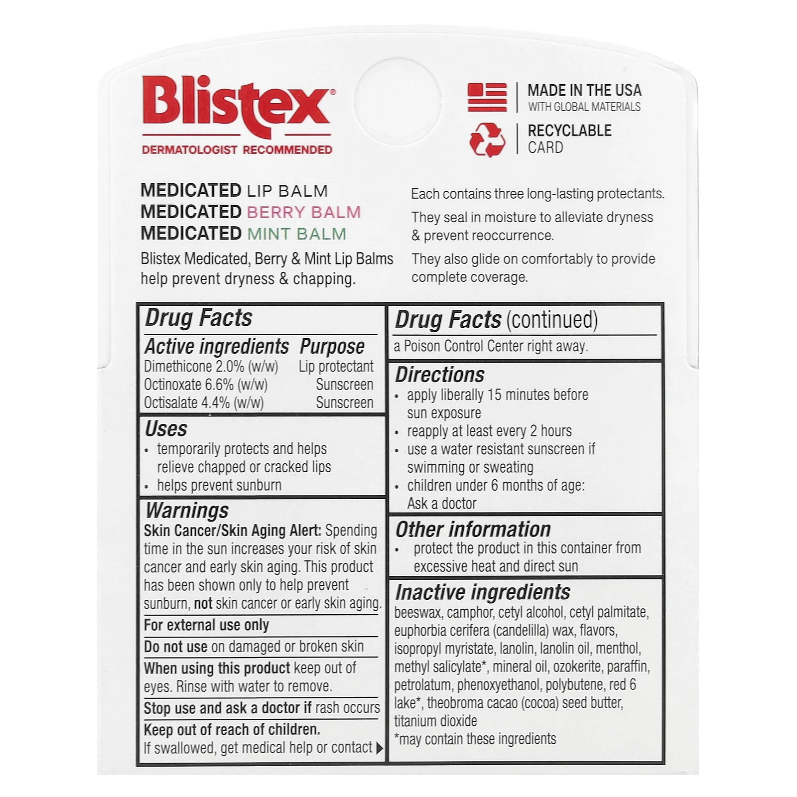 Blistex, Лечебный бальзам для губ, SPF 15, мята, ягоды, классический, 3 шт. В упаковке, 4,25 г (0,15 унции)