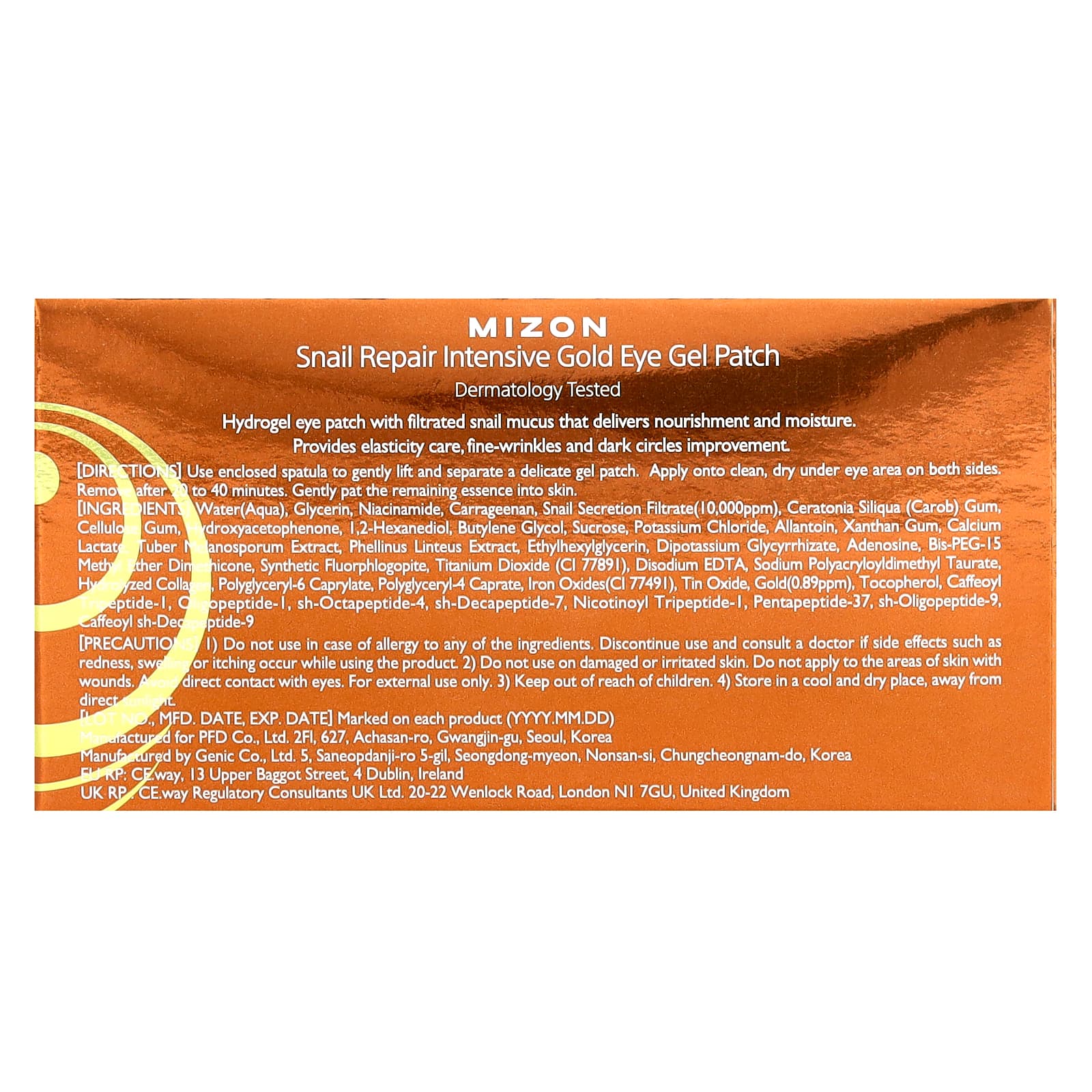 Mizon, Гелевые патчи для глаз Snail Repair Intensive Gold, 60 патчей