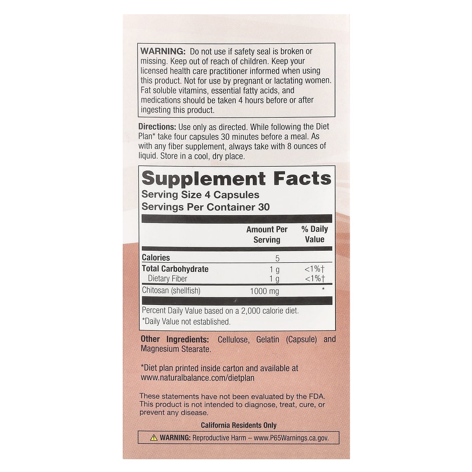 Natural Balance, оригинальный хитозан, 1000 мг, 120 капсул (250 мг в 1 капсуле)