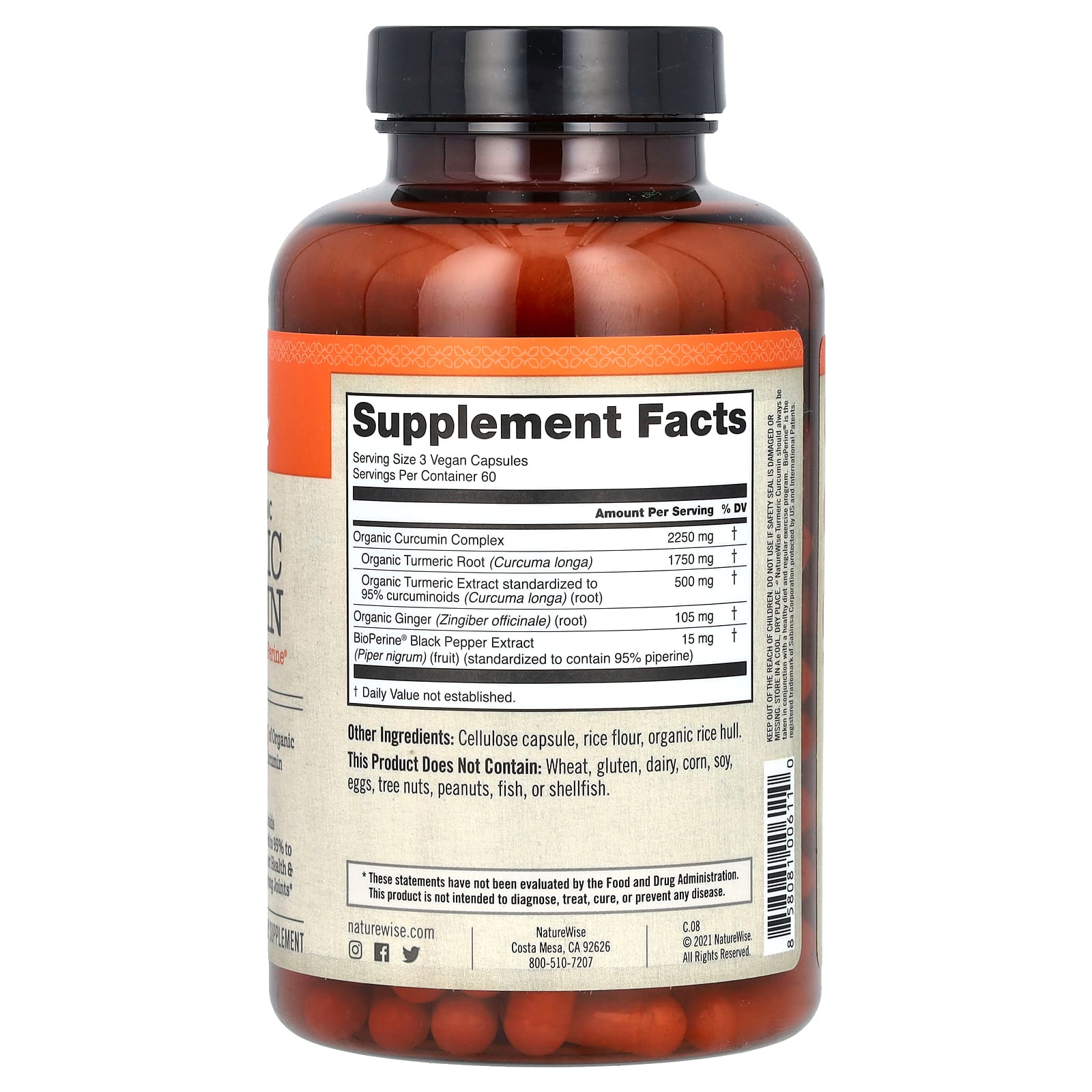NatureWise, куркумин из органической куркумы, 180 веганских капсул