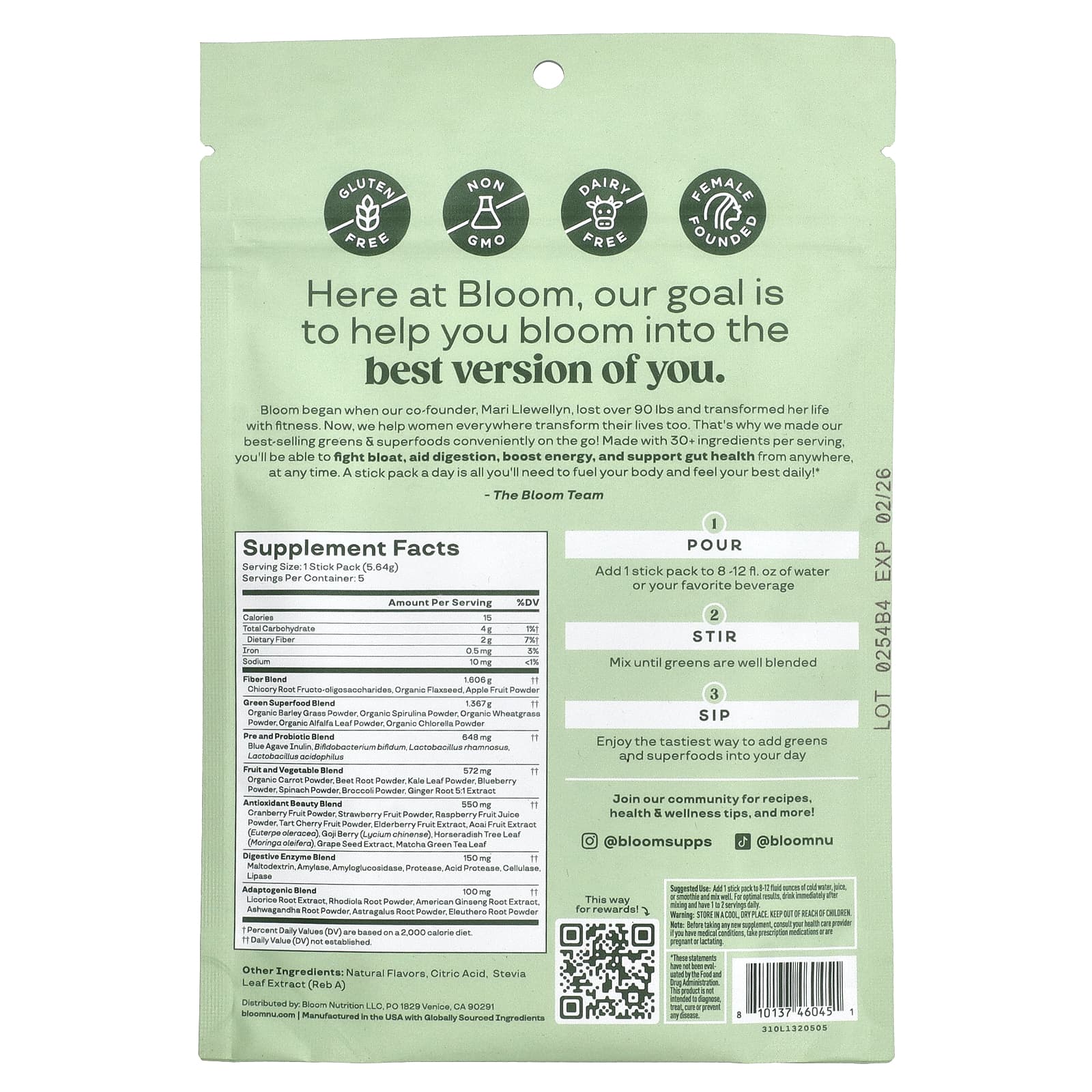 Bloom, Greens & Superfoods, манго, 5 пакетиков по 5,64 г (0,20 унции)