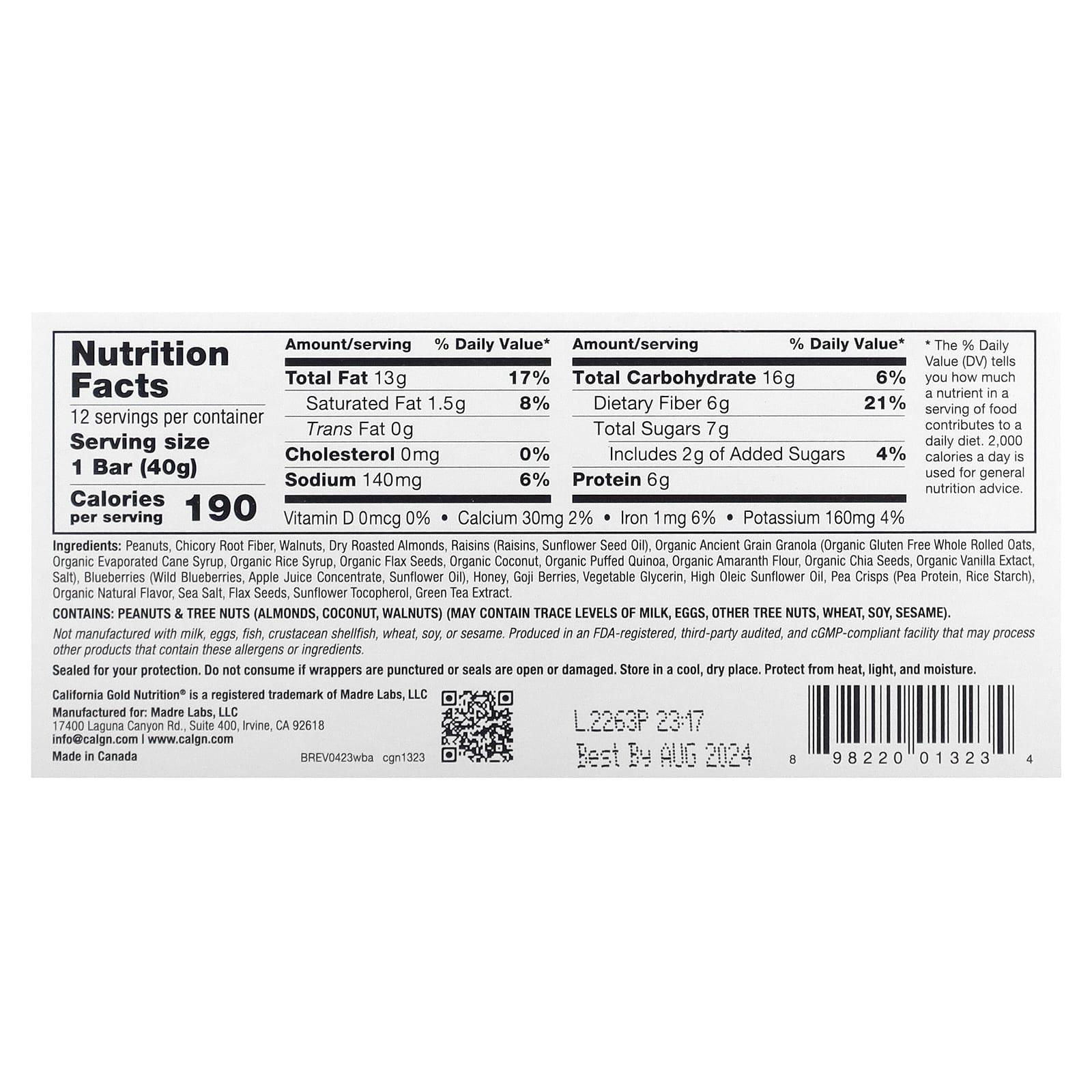 California Gold Nutrition, батончики-мюсли с дикой голубикой и миндалем, 12 шт. по 40 г (1,4 унции)