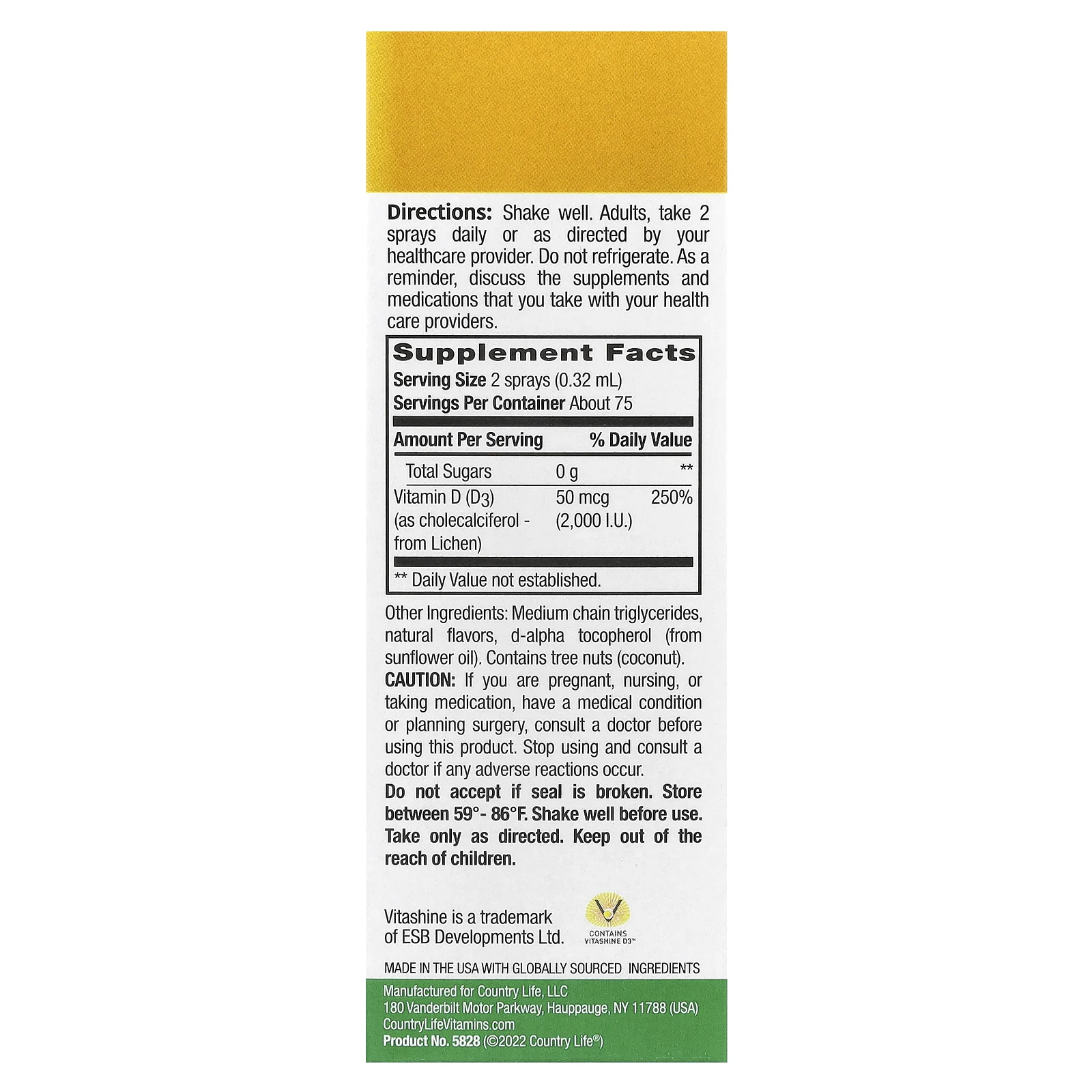 Country Life, Спрей с витамином D3, ванильные стручки, 50 мкг (2000 МЕ), 150 нажатий спрея для перорального приема, 24 мл (0,81 жидк. унции)