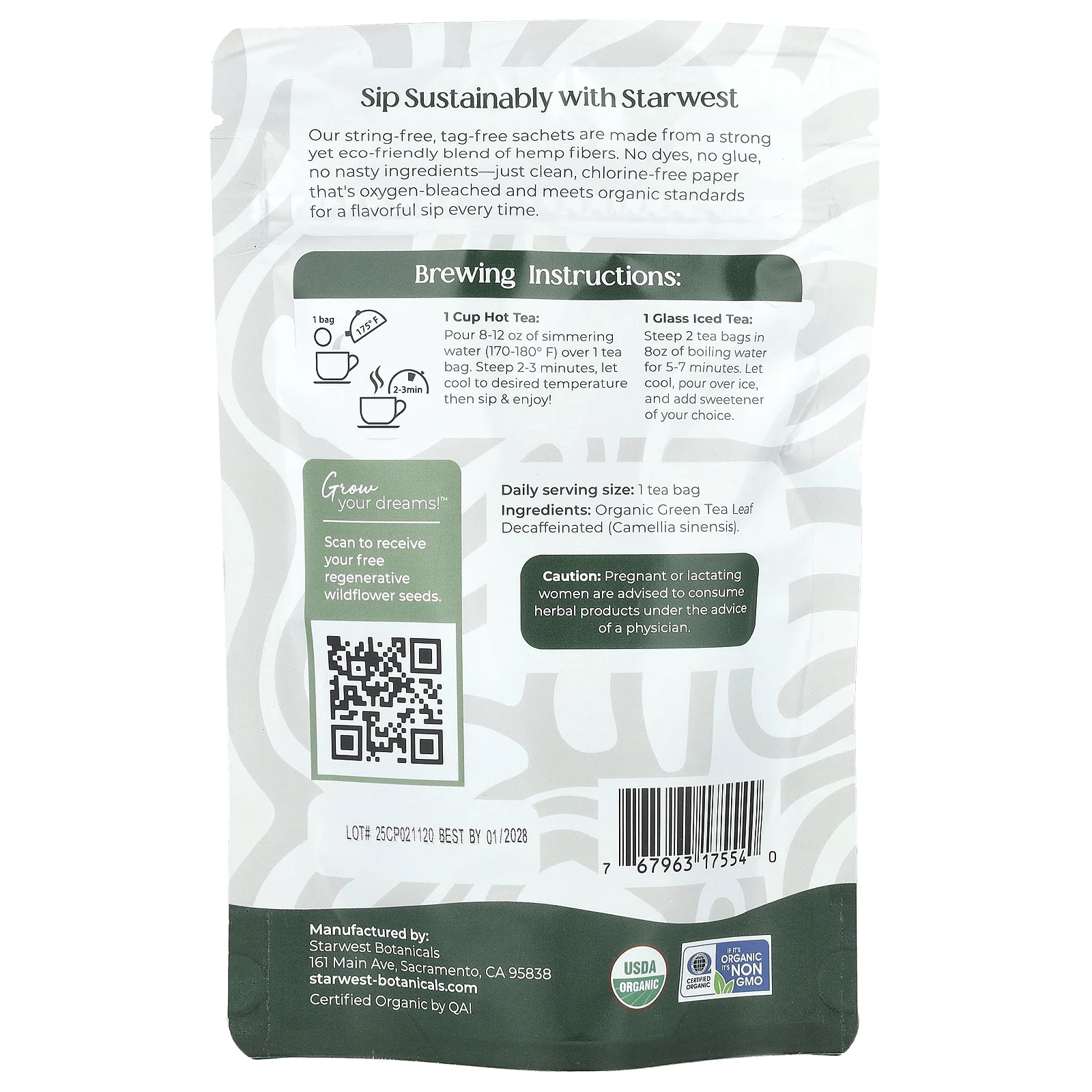 Starwest Botanicals, Органический зеленый чай, без кофеина, 20 чайных пакетиков, 40 г (1,4 унции)