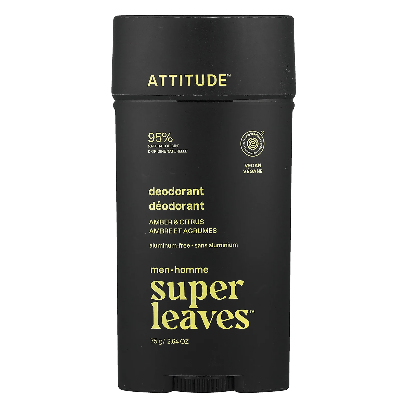 ATTITUDE, Super Leaves™, дезодорант без алюминия, для мужчин, янтарь и цитрус, 75 г (2,64 унции)