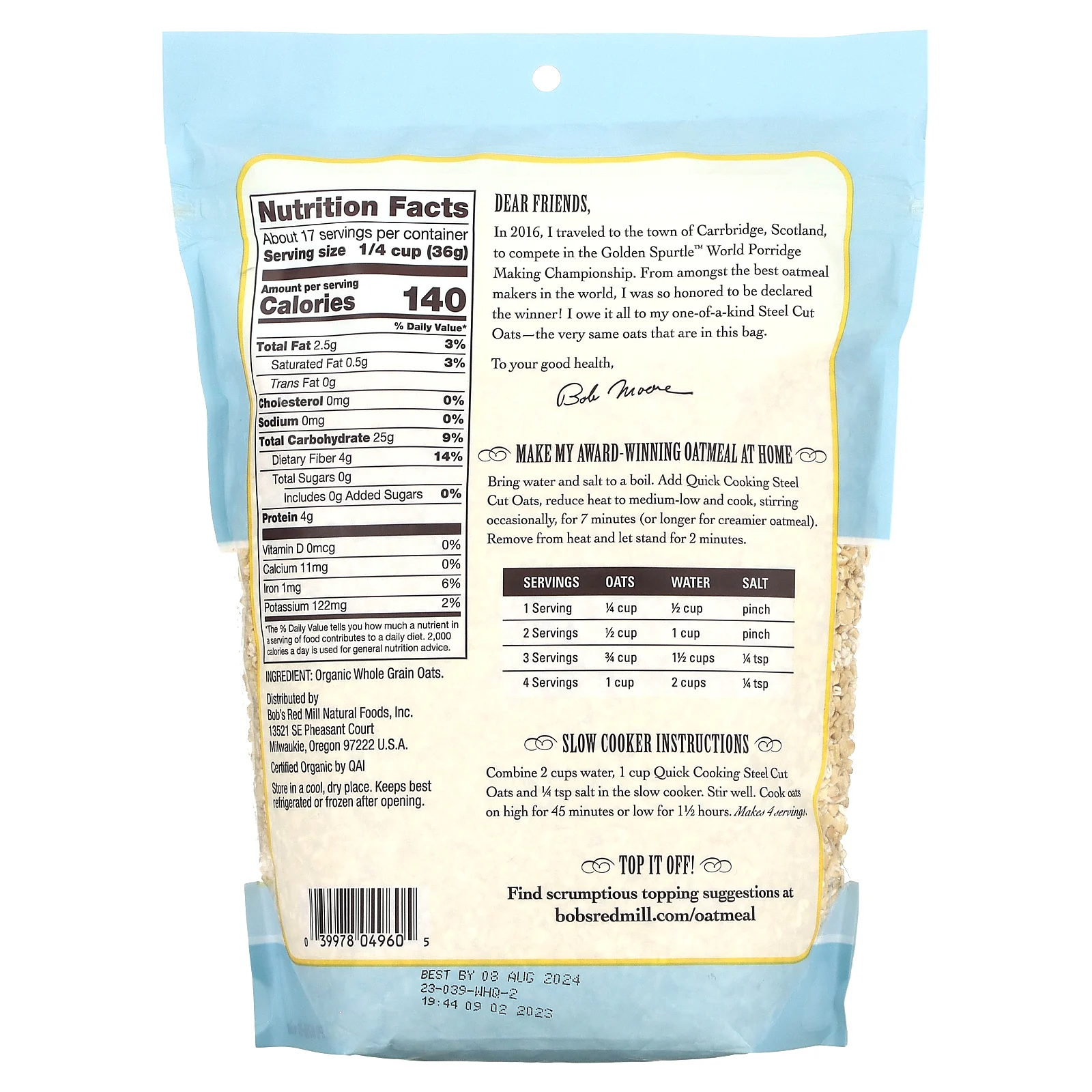 Bob's Red Mill, Органический овес быстрого приготовления, цельнозерновой, 624 г (1 фунт 6 унций)