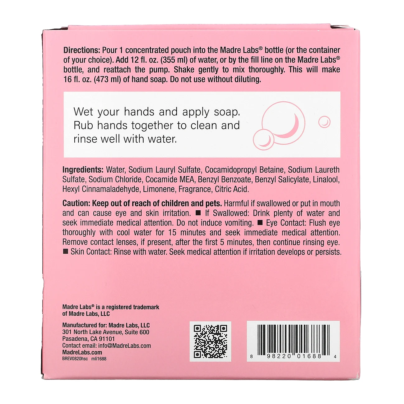 Madre Labs, мыло для рук, тройной концентрации, сменный блок, фрезия, 6 пакетиков по 118 мл (4 жидк. унции)