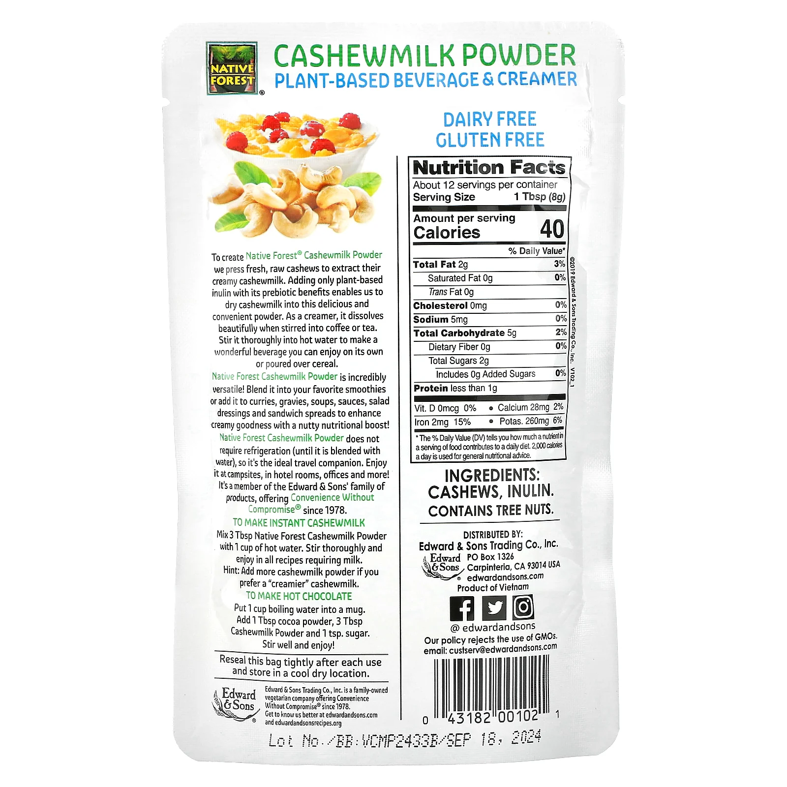Edward & Sons, молоко из кешью в виде порошка, 100 г (3,5 унции)