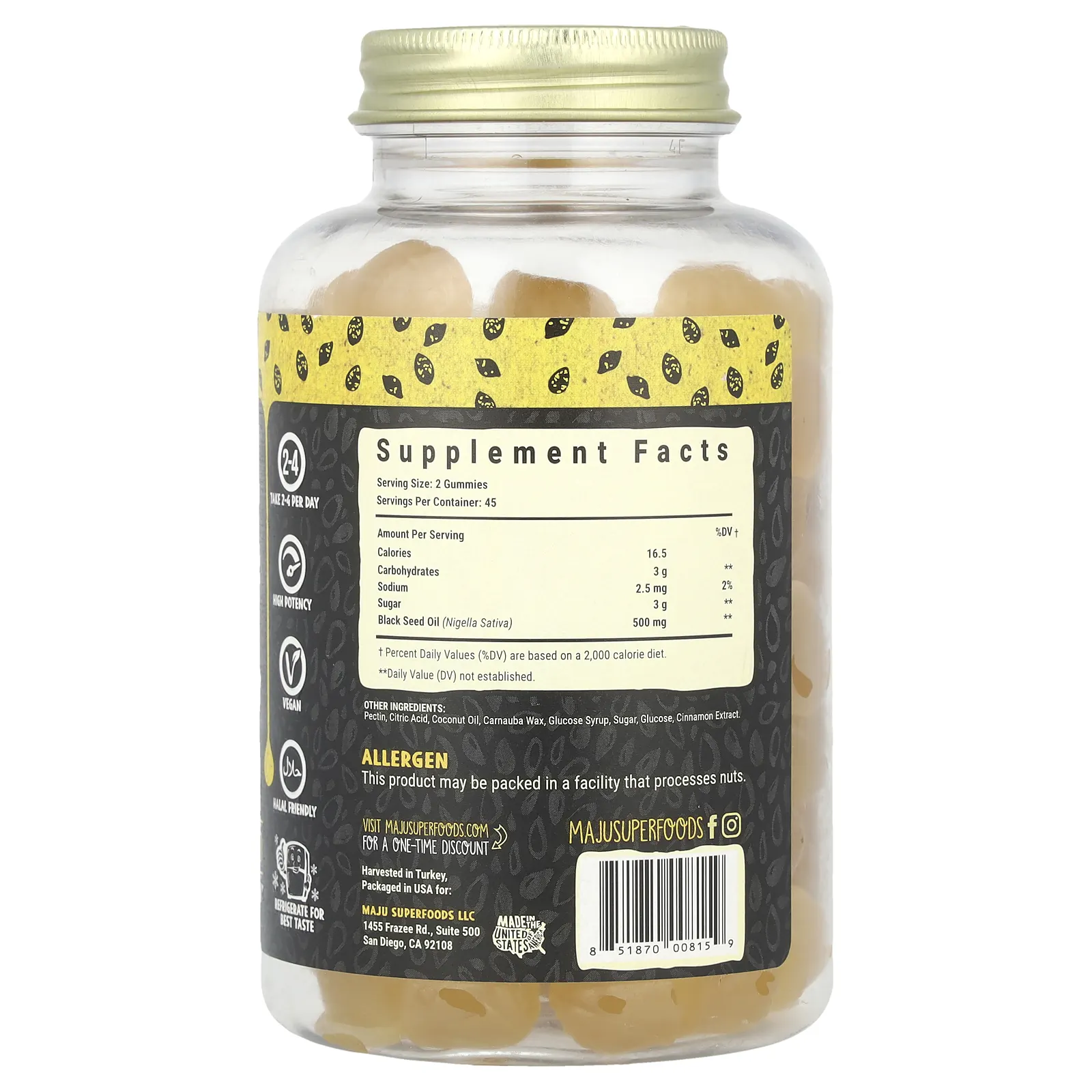 Maju Superfoods, Первые в мире жевательные мармеладки с маслом черного тмина, 500 мг, 45 жевательных таблеток (250 мг в 1 жевательной мармеладке)