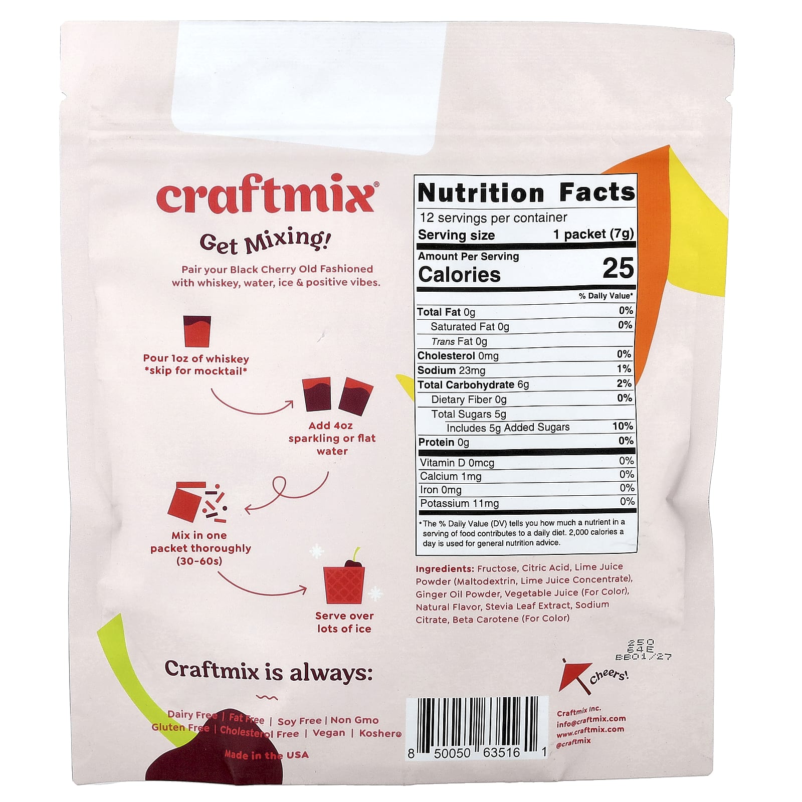 Craftmix, Old Fashioned, черная вишня, 12 пакетиков, по 7 г (0,25 унции)