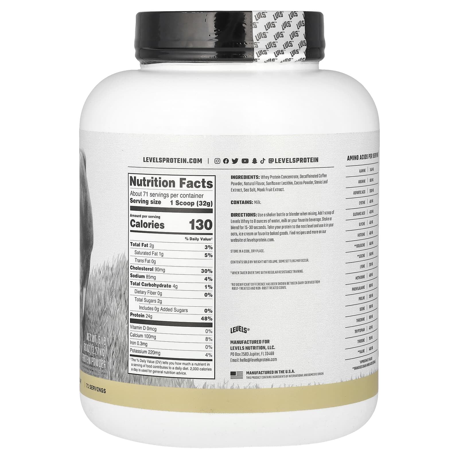 Levels, Порошок из сывороточного протеина от травяного откорма, капучино, 2,27 кг (5 фунтов)
