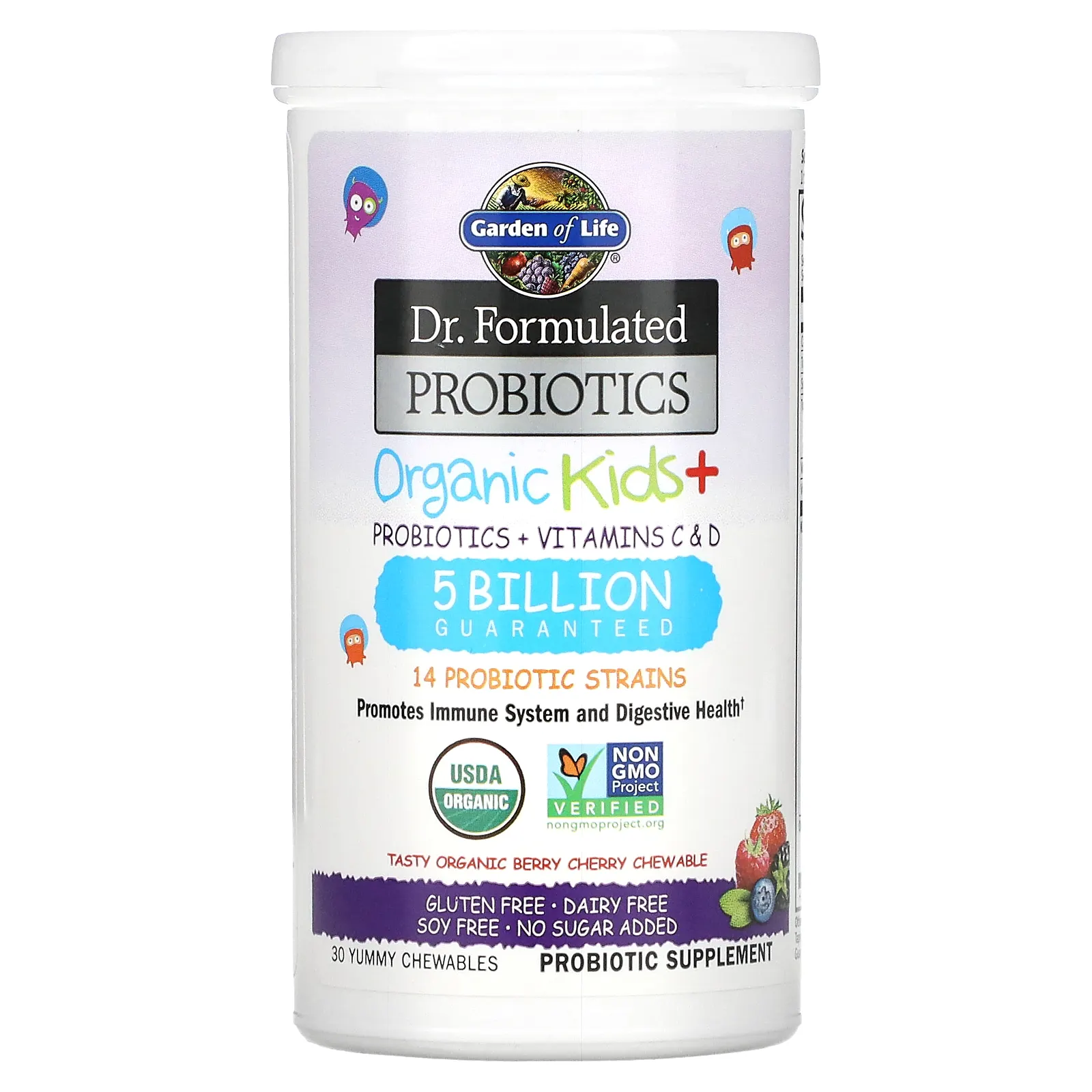 Garden of Life, Dr. Formated Probiotics, Organic Kids +, вкусные органические ягоды и вишня, 30 вкусных жевательных таблеток