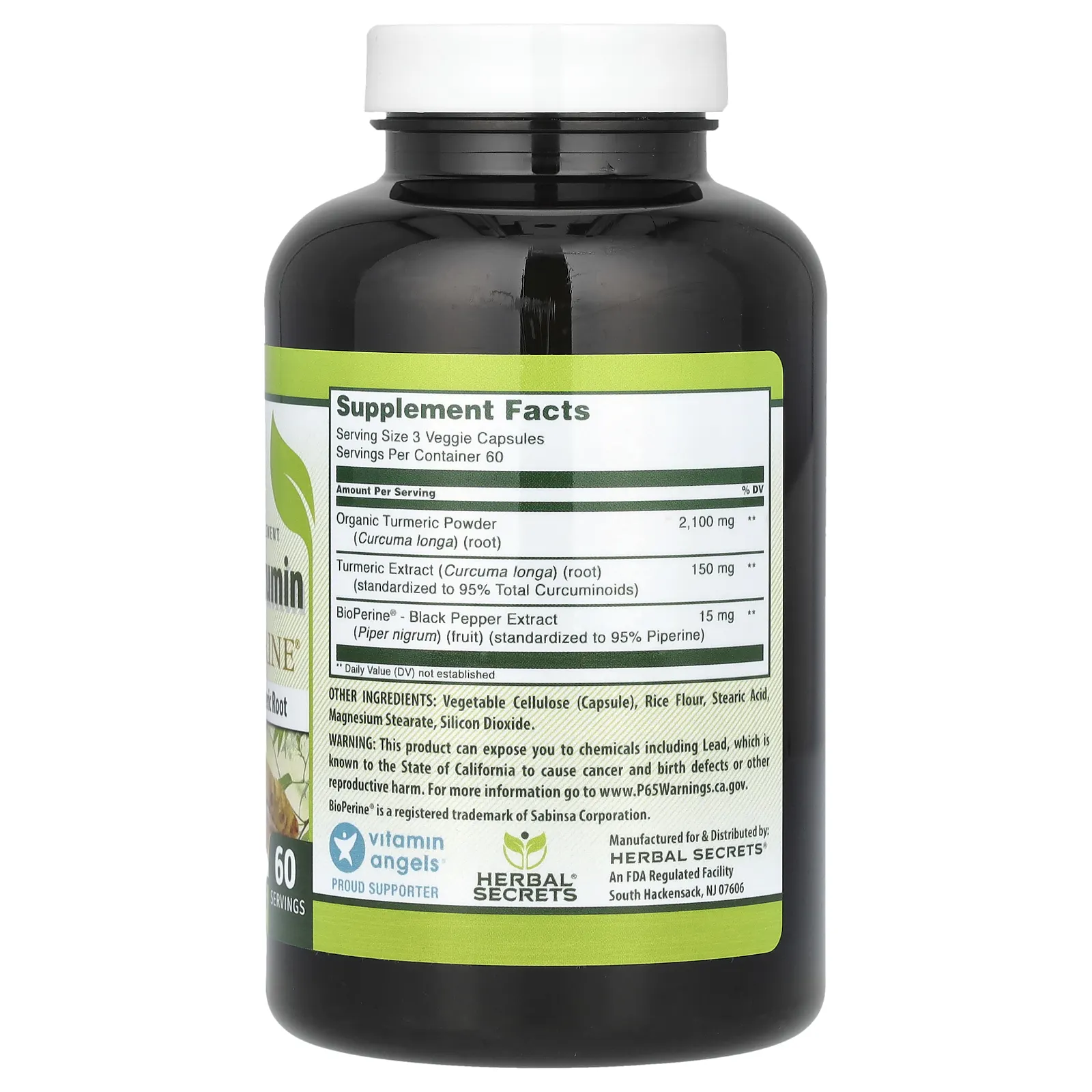 Herbal Secrets, куркумин с экстрактом черного перца, 1500 мг, 180 растительных капсул (750 мг в 1 капсуле)