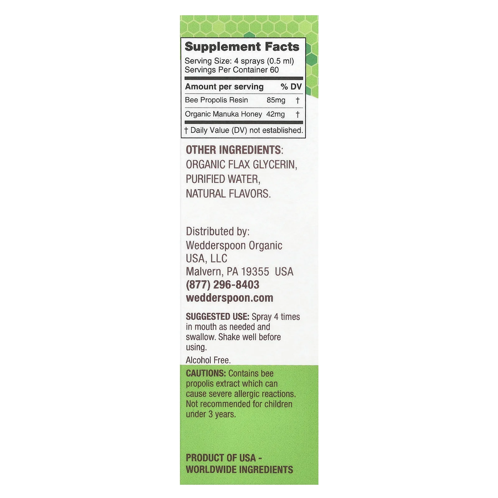 Wedderspoon, Manuka Honey, & Propolis, спрей для горла, ромашка и мята, MGO 400+, 30 мл (1 жидк. Унция)
