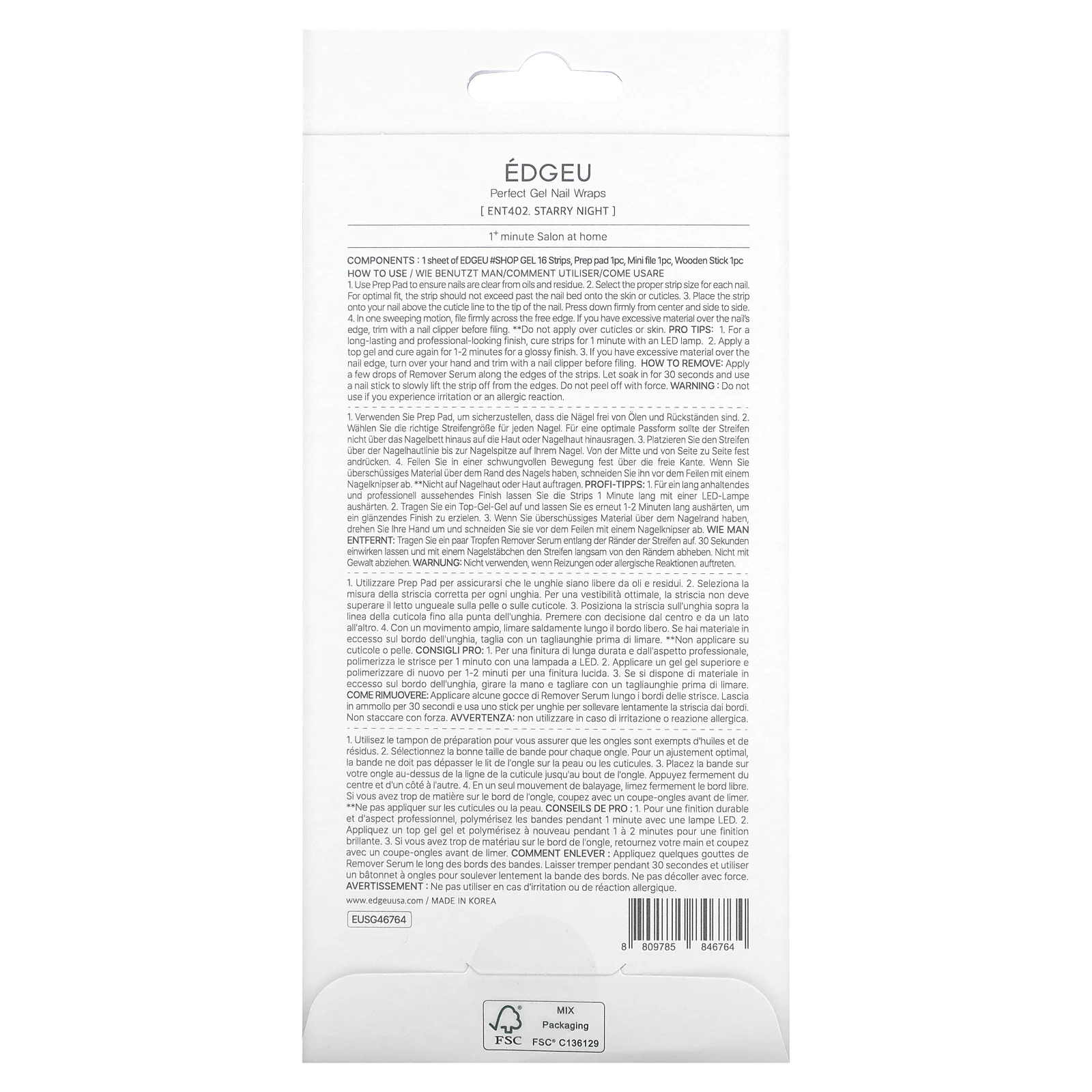 Edgeu, Гелевые обертывания для ногтей Perfect, ENT402, звездная ночь, набор из 16 полосок