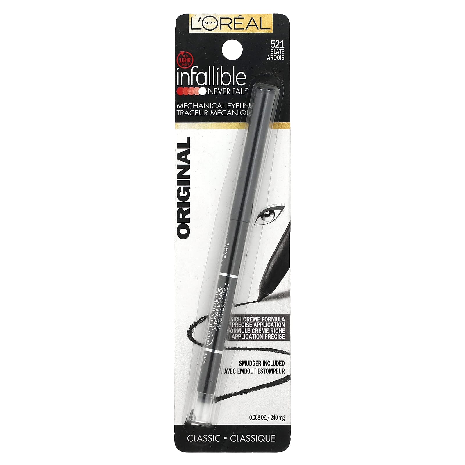 L'Oréal, Infallible, Never Fail ™, механическая подводка для глаз, оригинальный, грифель 521, 240 мг (0,008 унции)