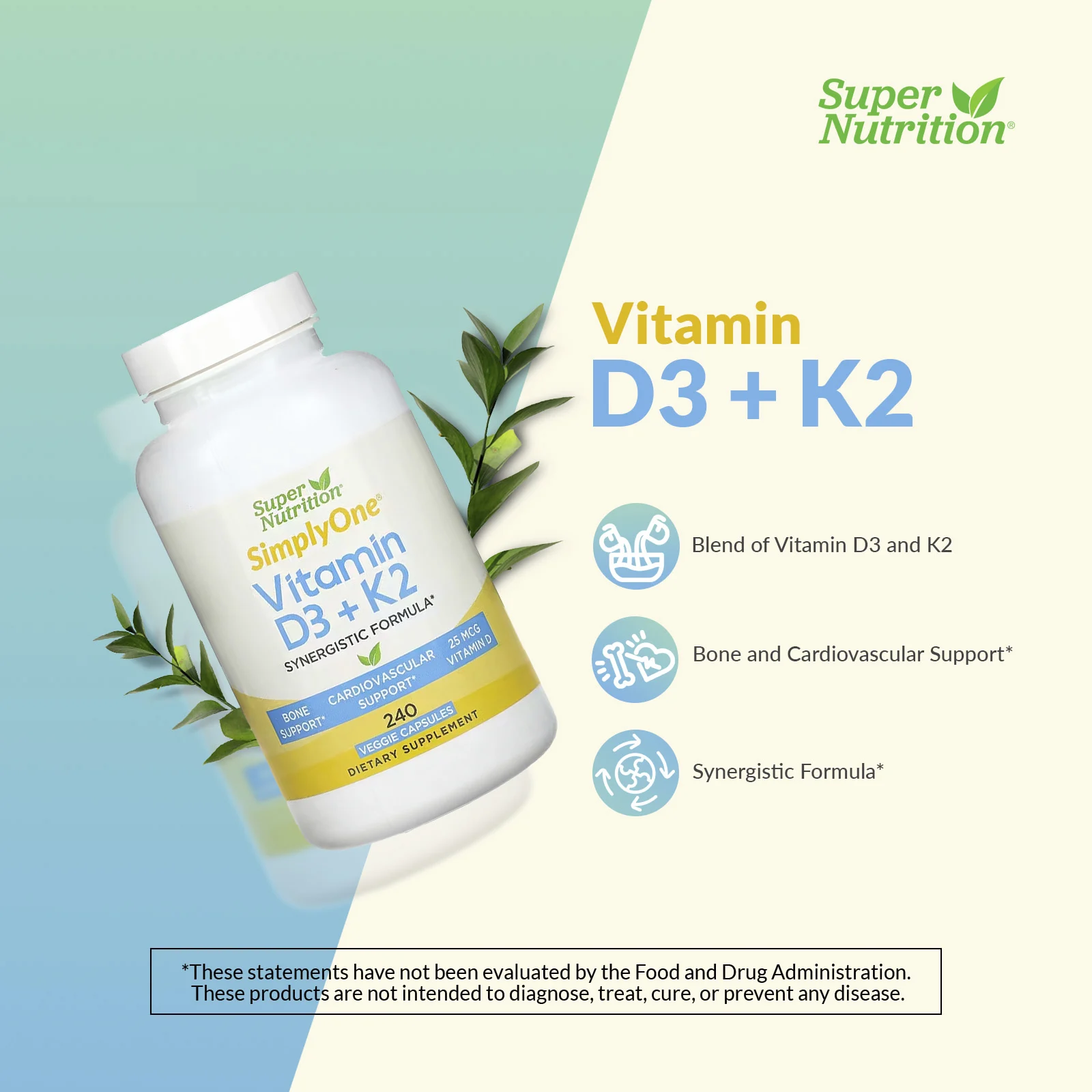 Super Nutrition, витамины D3 и К2, 240 растительных капсул
