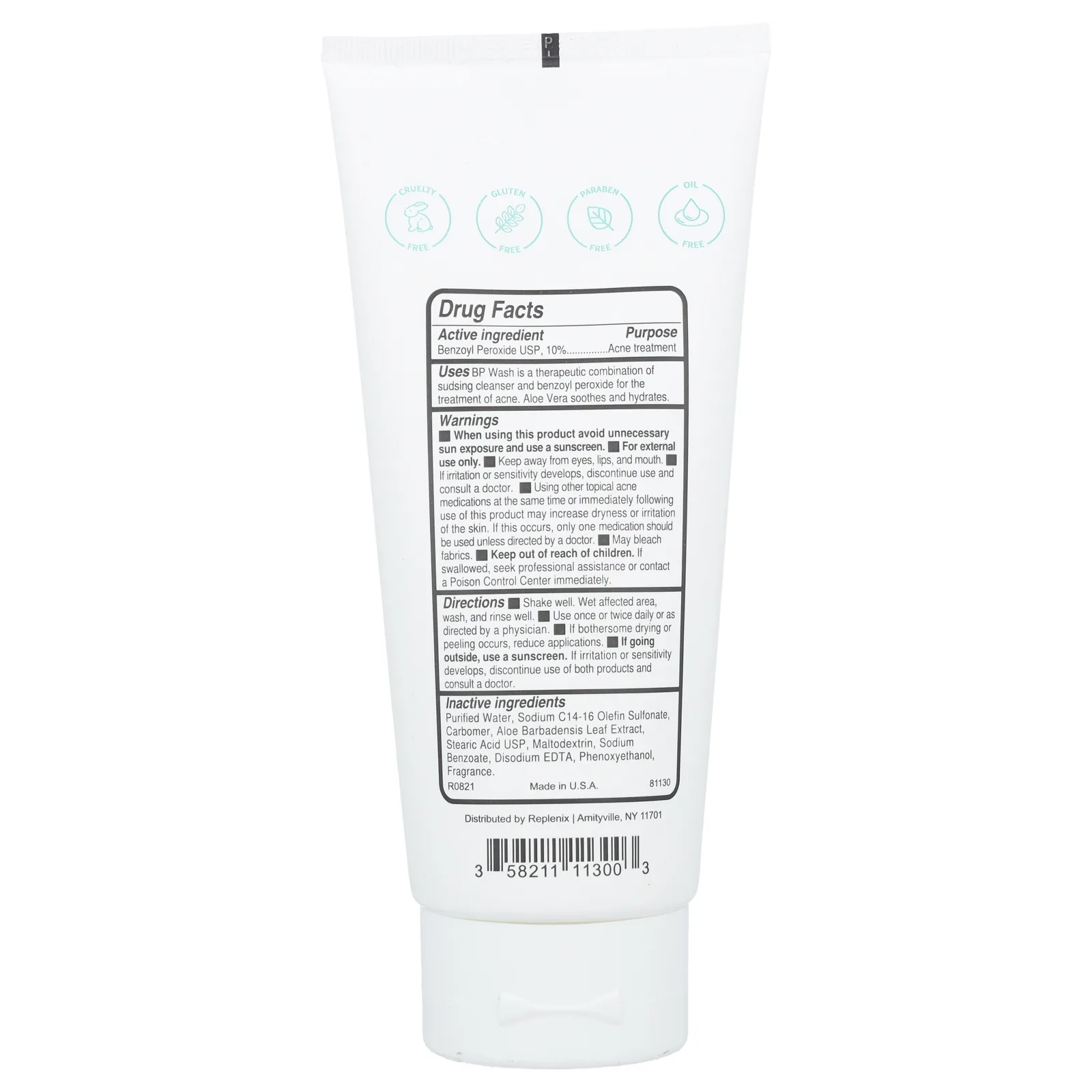 Replenix, Acne, 10% средство для умывания против акне BP + алоэ вера, 200 мл (6,7 жидк. унции)