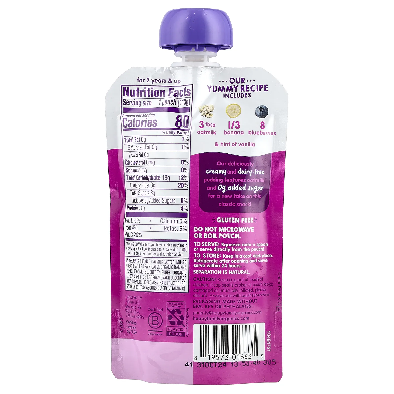 Happy Family Organics, Happy Tot, овсяный пудинг, этап 4, органическое овсяное молоко, бананы и голубика, 113 г (4 унции)