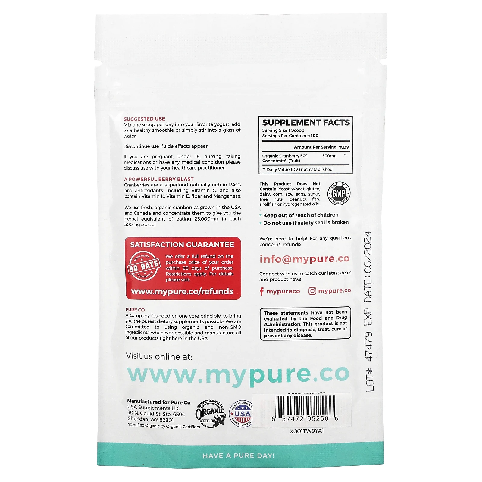 Pure Co., концентрат органической клюквы, 50 г (1,76 унции)