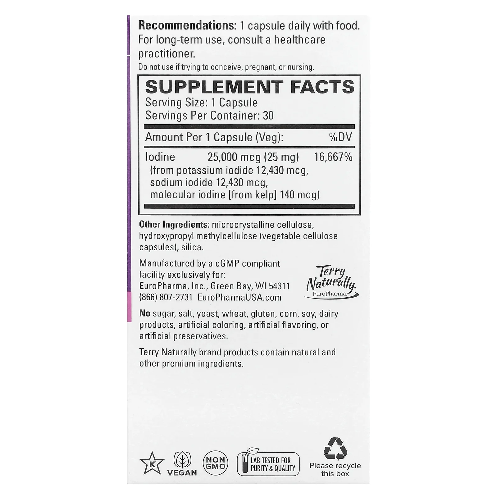 Terry Naturally, трийод, 25 мг, 30 капсул