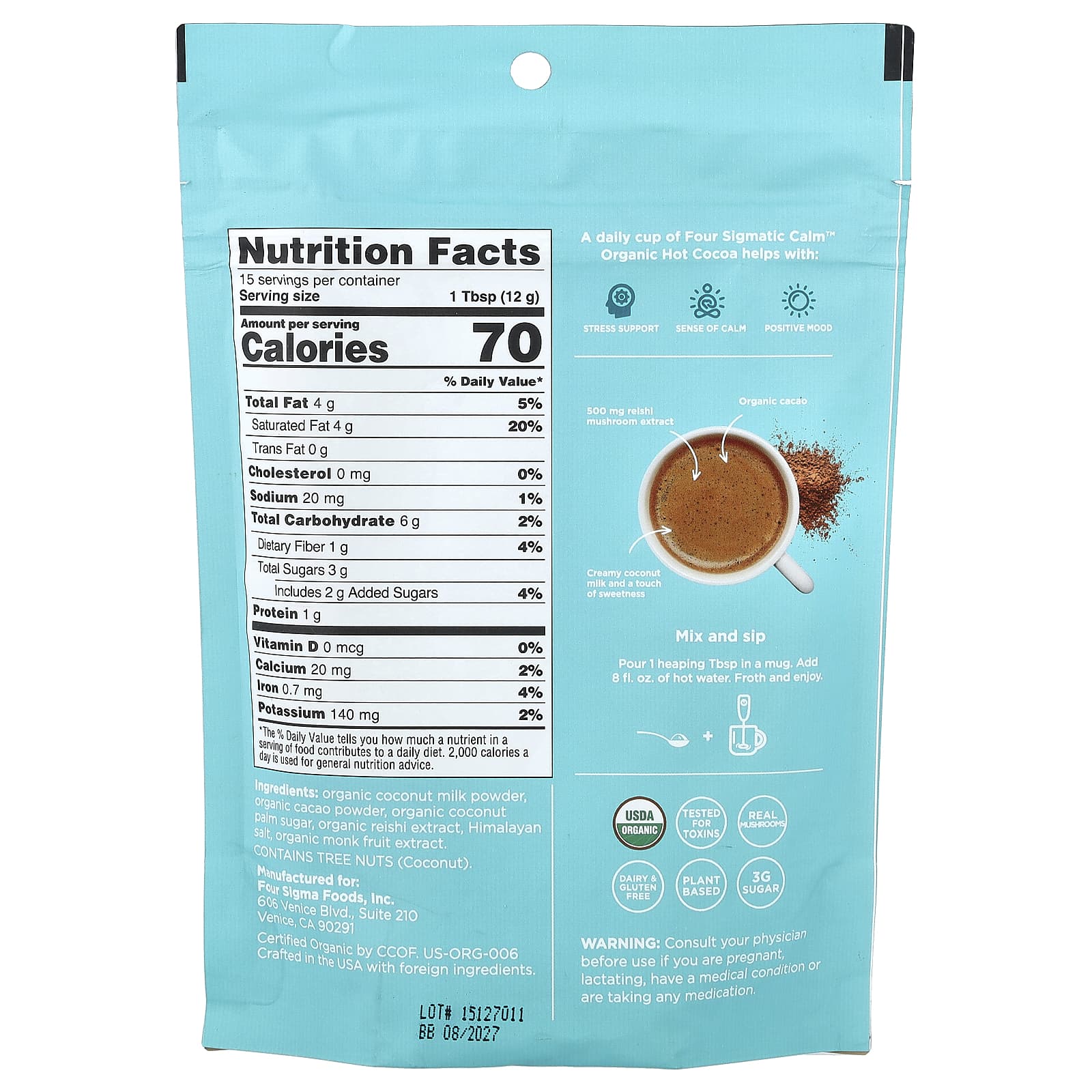 Four Sigmatic, Calm, органическое горячее какао с грибами рейши, 180 г (6,35 унции)