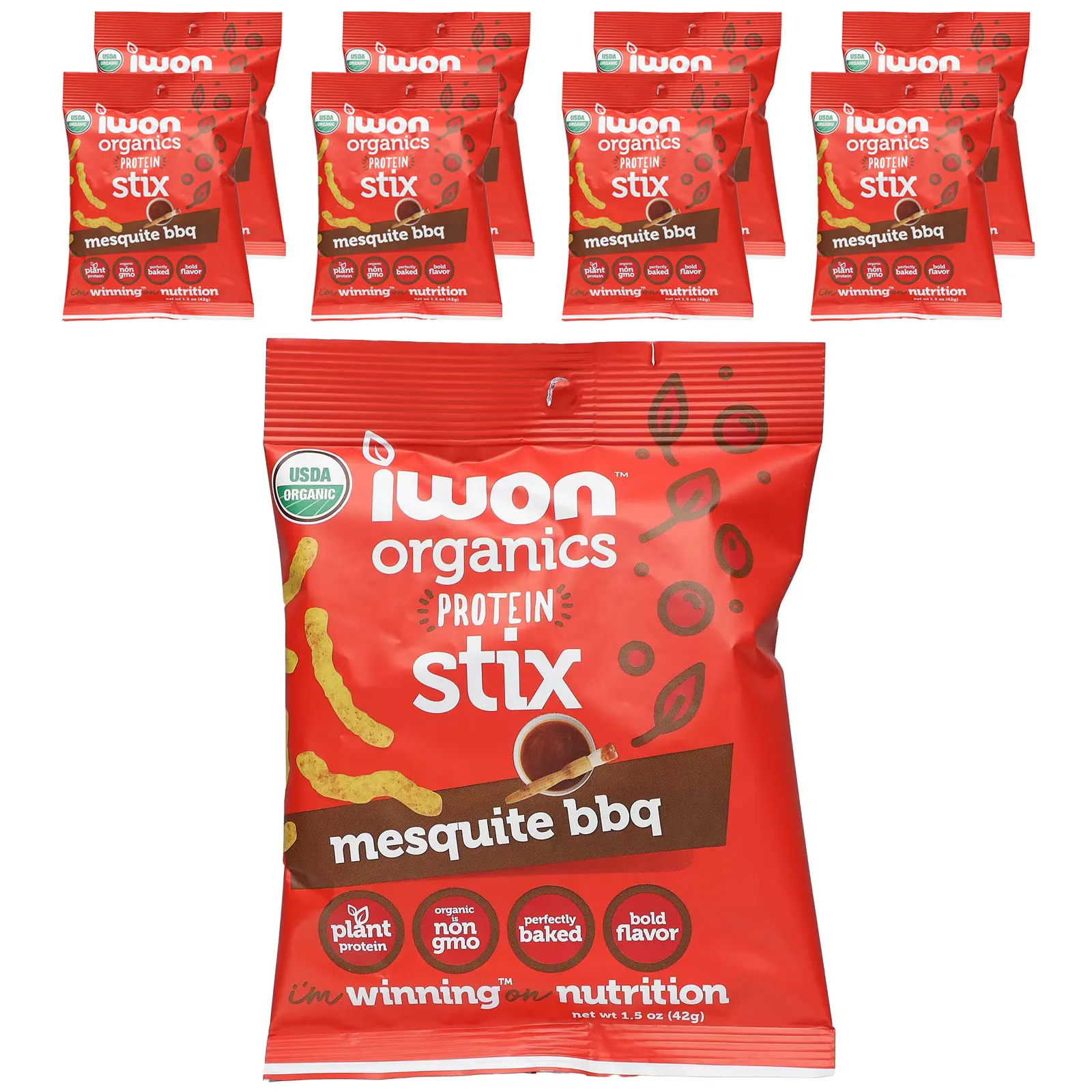 IWON Organics, Organics Protein Stix, барбекю из мескита, 8 пакетиков по 42 г (1,5 унции)