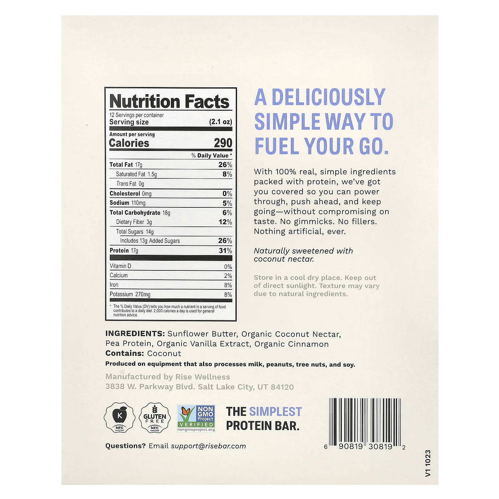 Rise Bar, Protein Bar, веганская подсолнечная корица, 12 батончиков, 60 г (2,1 унции)