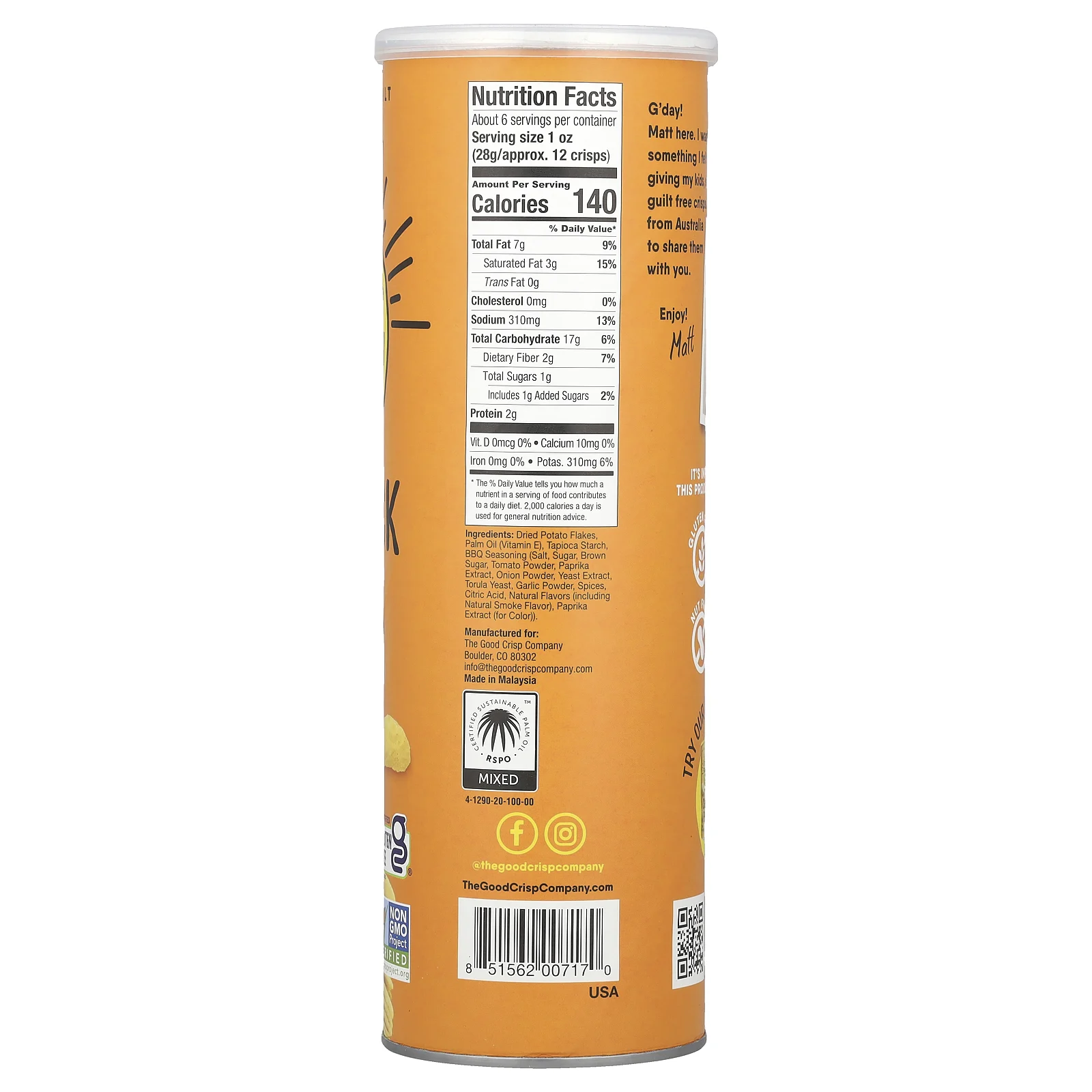 The Good Crisp Company, Картофельные чипсы, барбекю в глубинке, 160 г (5,6 унции)