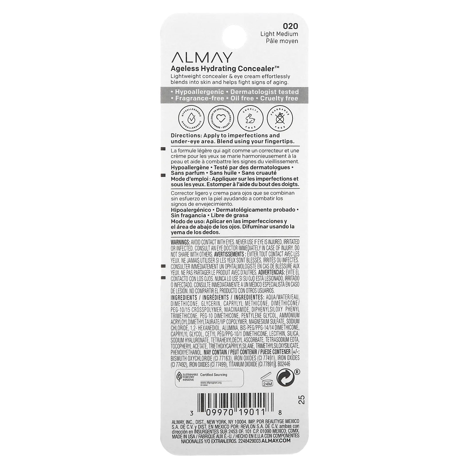 Almay, Ageless Hydrating Concealer, увлажняющий консилер, 020 светлый и бежевый, 11 мл (0,37 жидк. унции)