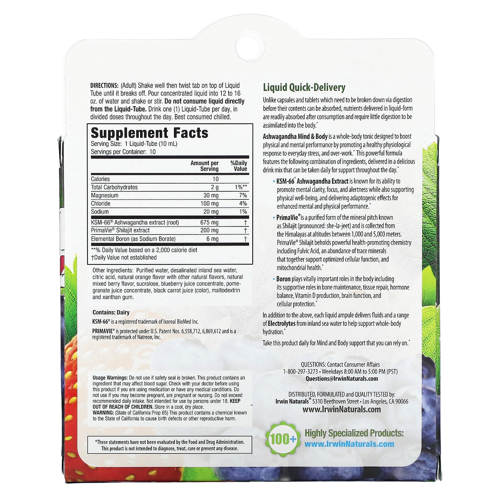 Irwin Naturals, ашваганда, для разума и тела, ягоды и цитрус, 10 тюбиков с жидкостью, 100 мл (3,38 жидк. унции)