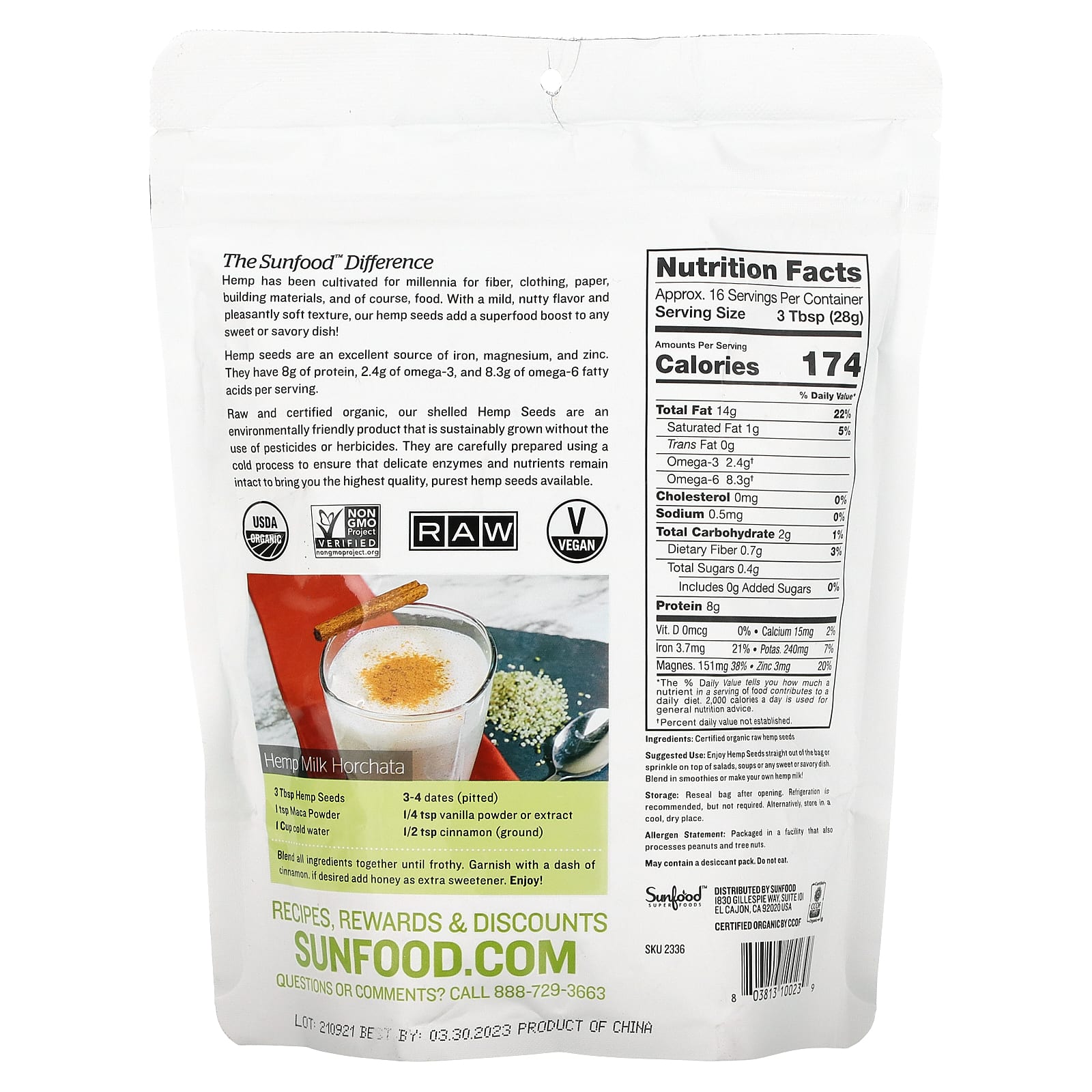 Sunfood, Необработанные органические семена конопли, 454 г (1 фунт)