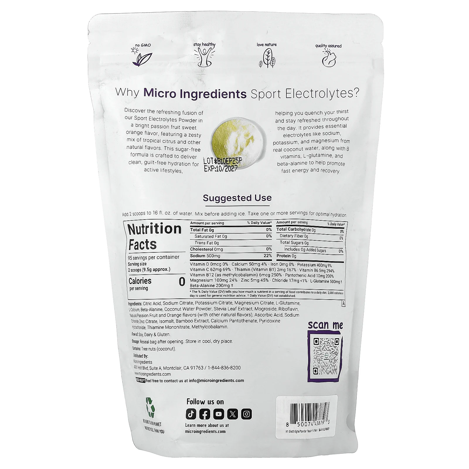 Micro Ingredients, электролиты в порошке, маракуйя и цитрус, 907 г (2 фунта)