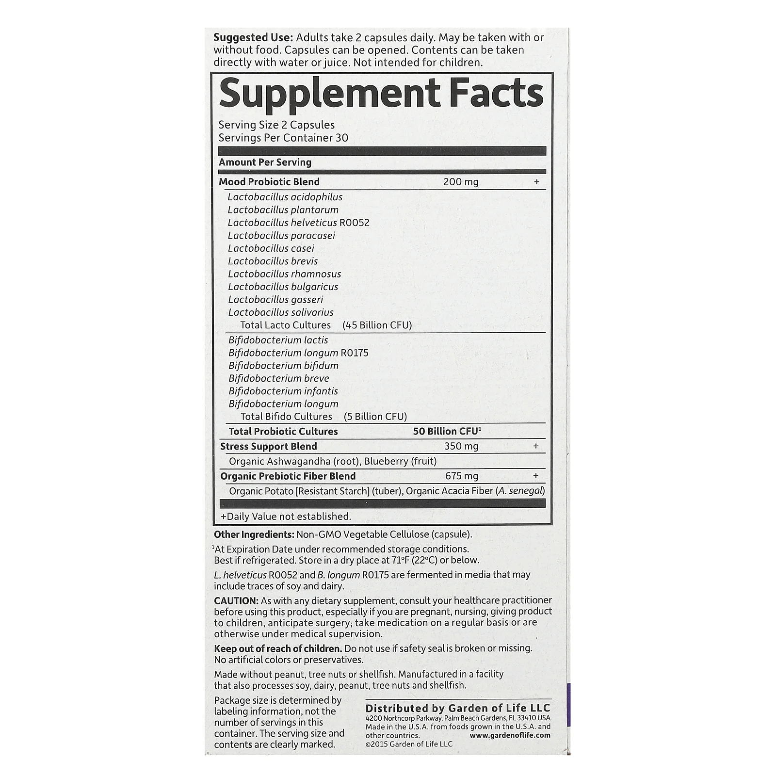 Garden of Life, Цельнопищевой магний Формулированные пробиотики, Mood +, 50 млрд, 60 вегетарианских капсул