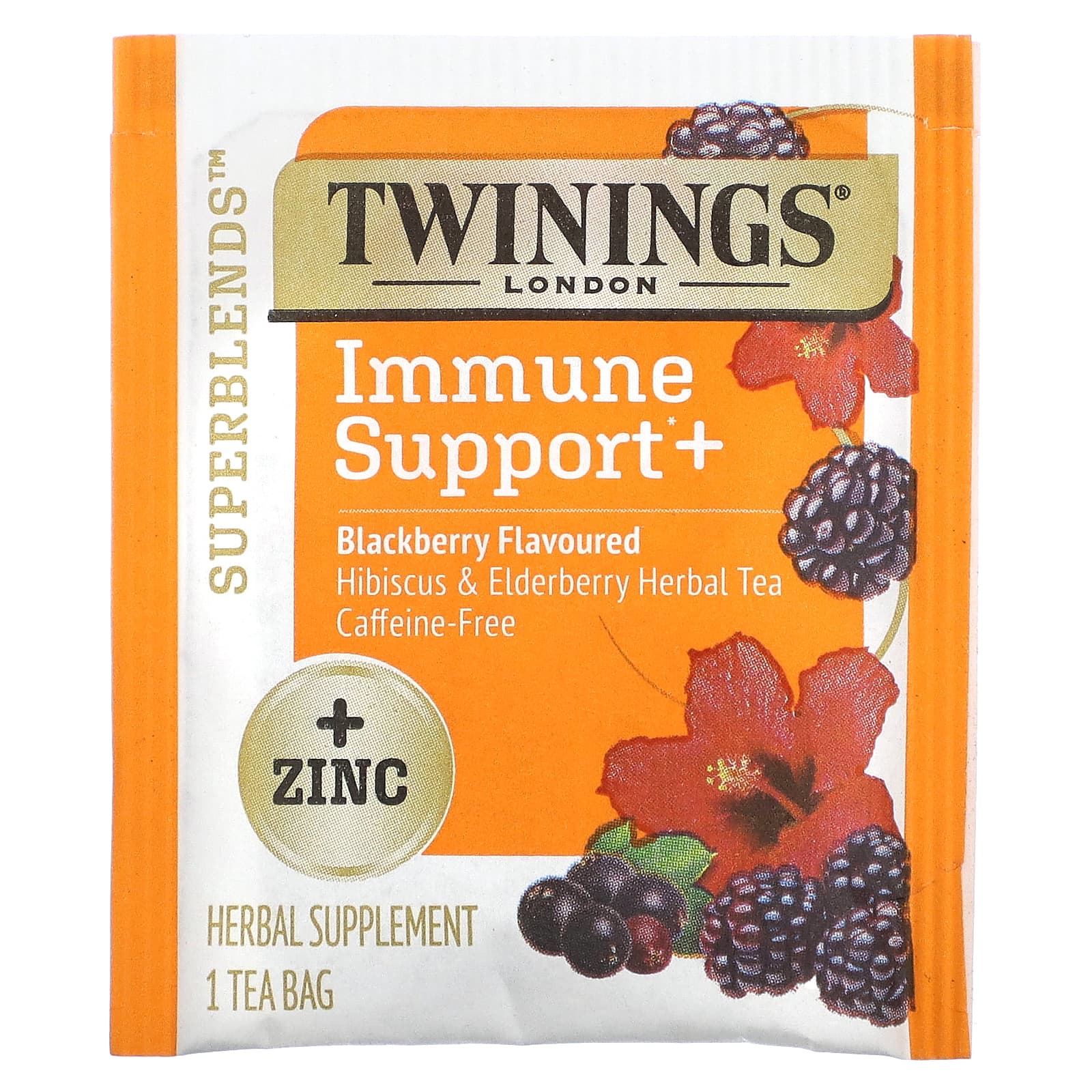 Twinings, Superblends, Immune Support, травяной чай из гибискуса и бузины, ежевика, без кофеина, 16 чайных пакетиков, 32 г (1,12 унции)