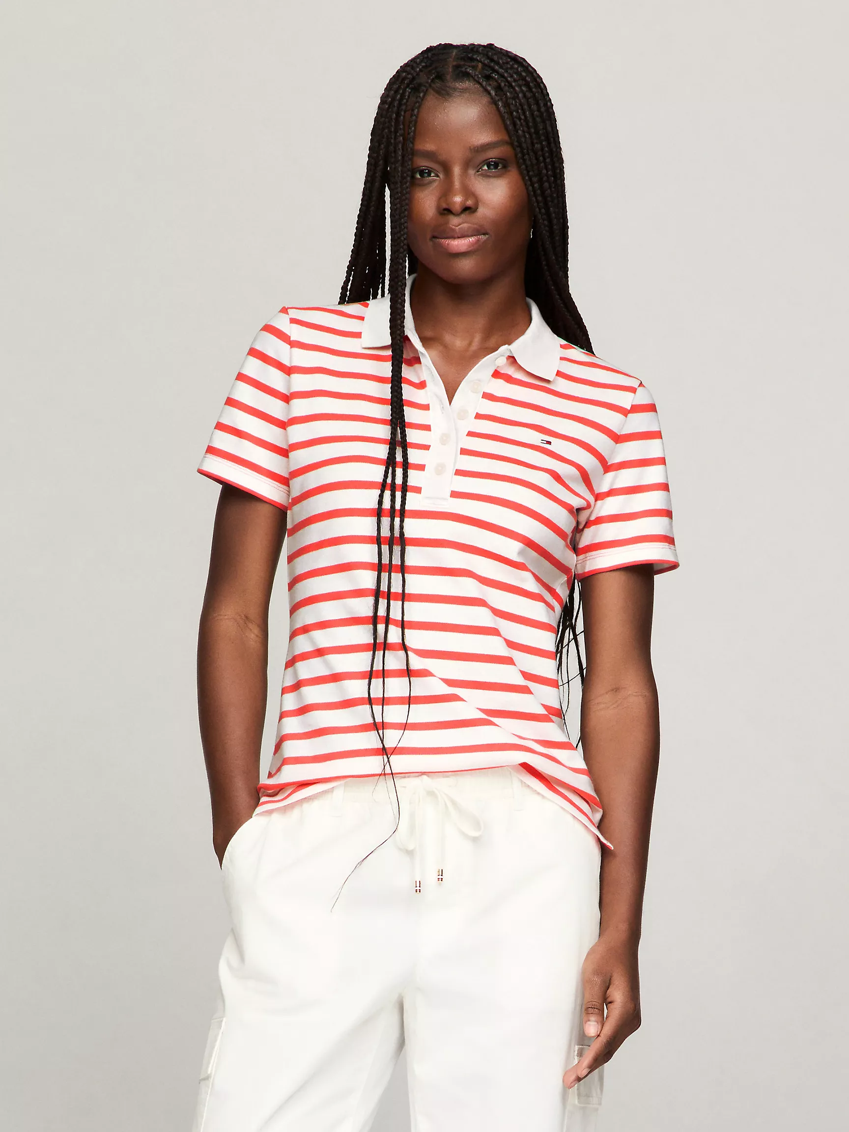 Женское поло Tommy Hilfiger, Приталенное полосатое эластичное хлопковое поло