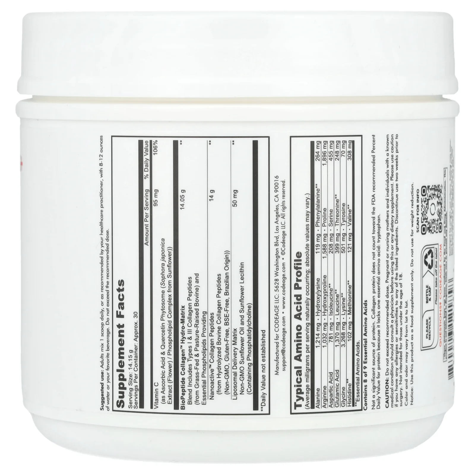Codeage, Липосомальный порошок, пептиды коллагена +, без добавок, 424,50 г (14,97 унции)