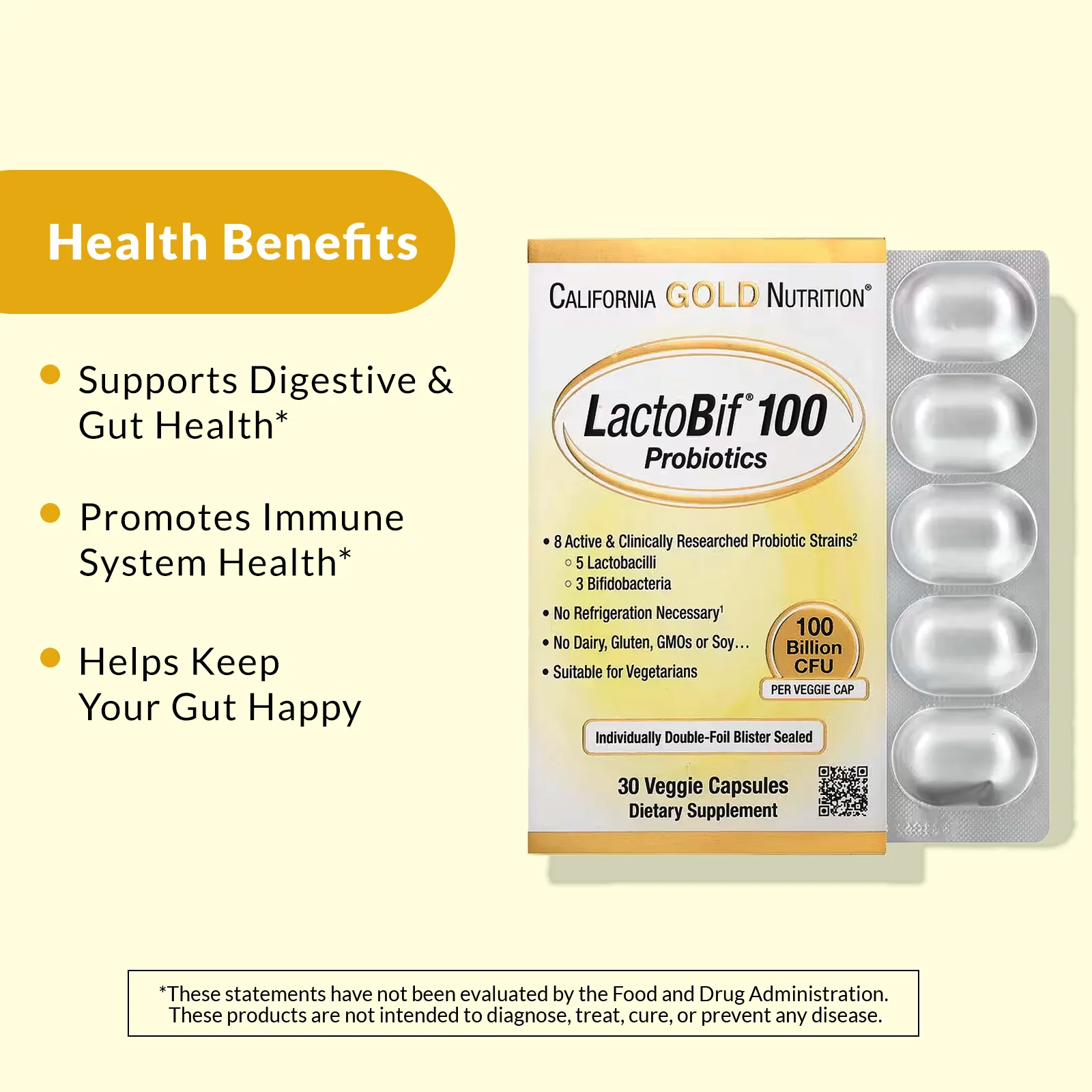 California Gold Nutrition, LactoBif 100, пробиотики, 100 млрд КОЕ, 30 вегетарианских капсул