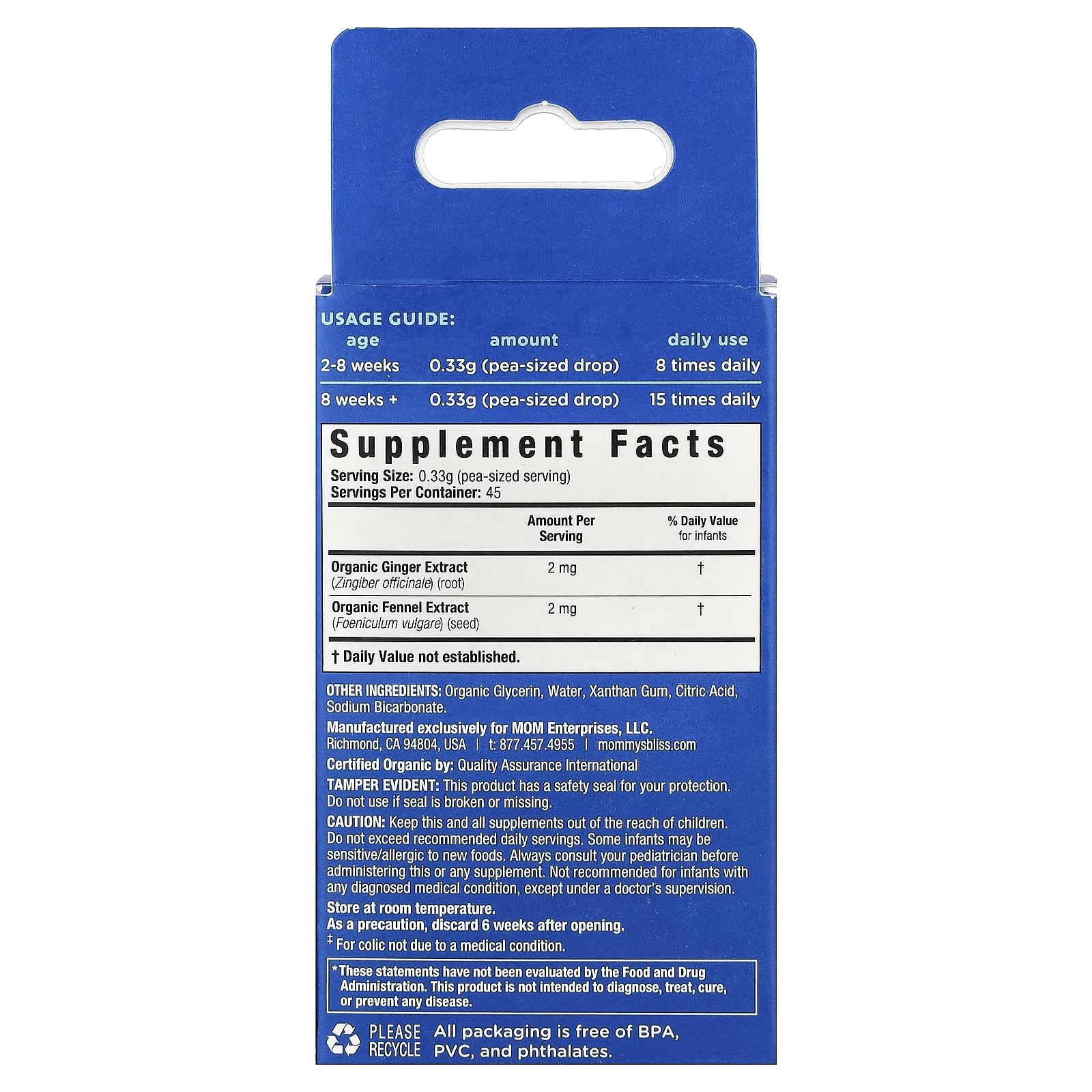 Mommy's Bliss, органическая укропная вода, гель для пустышки, для младенцев от 2 недель, 15 г (0,53 унции)