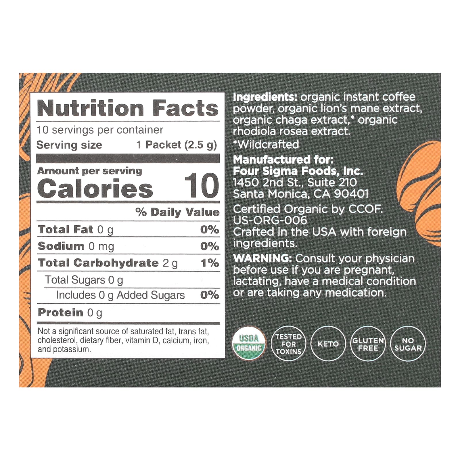 Four Sigmatic, Think, растворимый органический кофе с ежовиком гребенчатым и грибами чага, средней обжарки, 10 пакетиков по 2,5 г (0,09 унции)