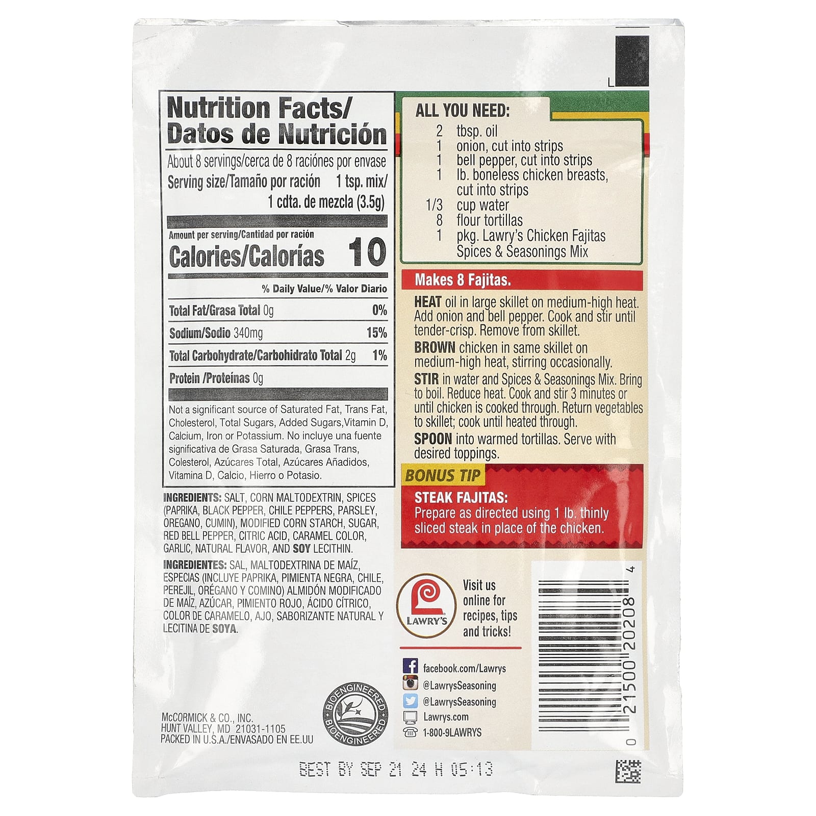Lawry's, Куриная фахитас, смесь специй и приправ, 28,3 г (1 унция)