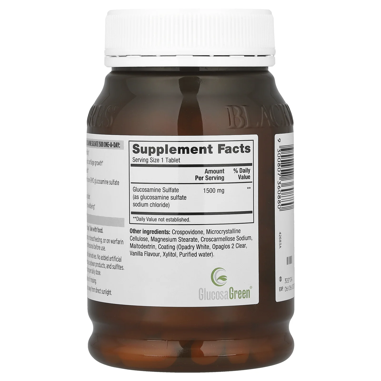 Blackmores, Глюкозамина сульфат, для приема один раз в день, ваниль, 1500 мг, 180 таблеток