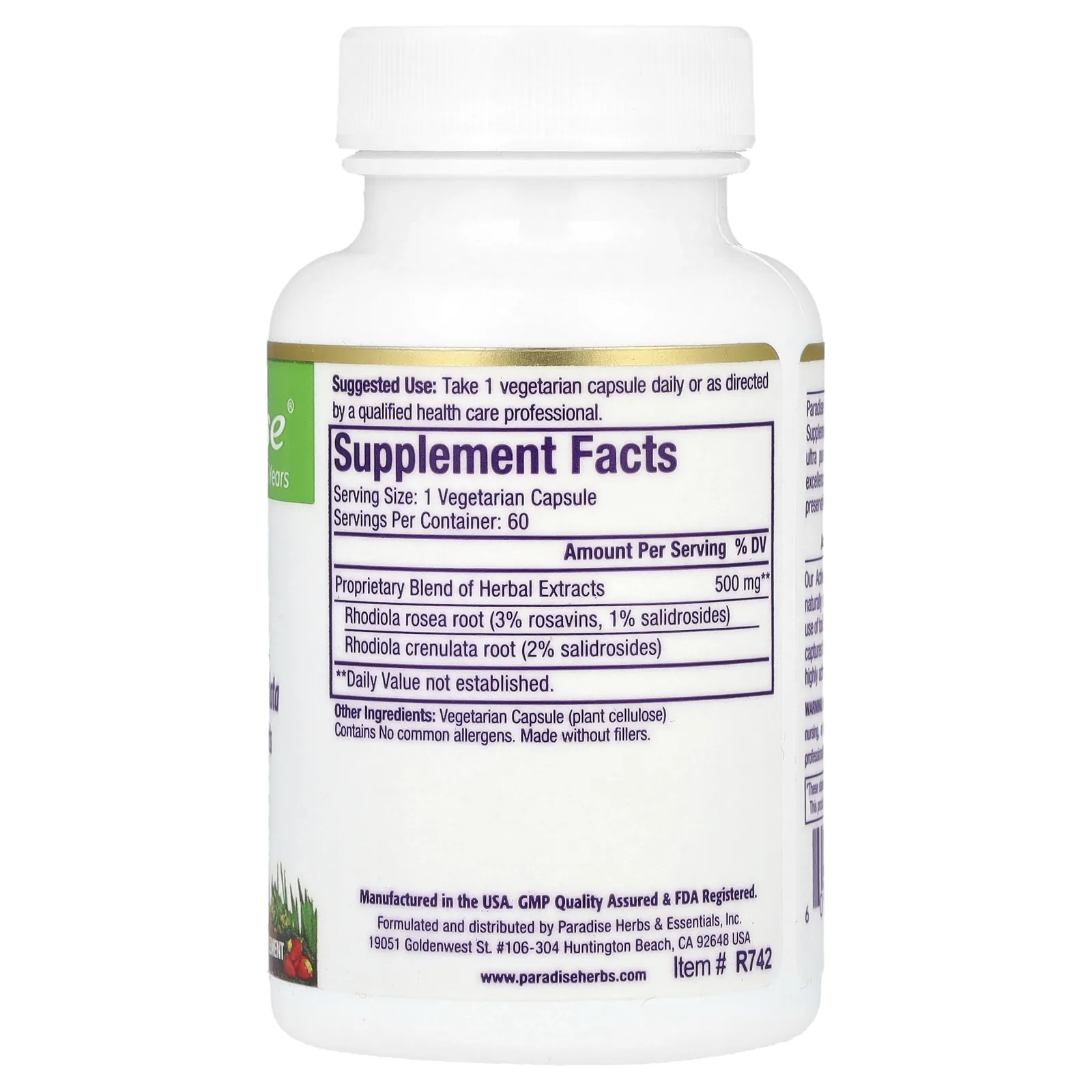 Paradise Herbs, родиола, 60 вегетарианских капсул