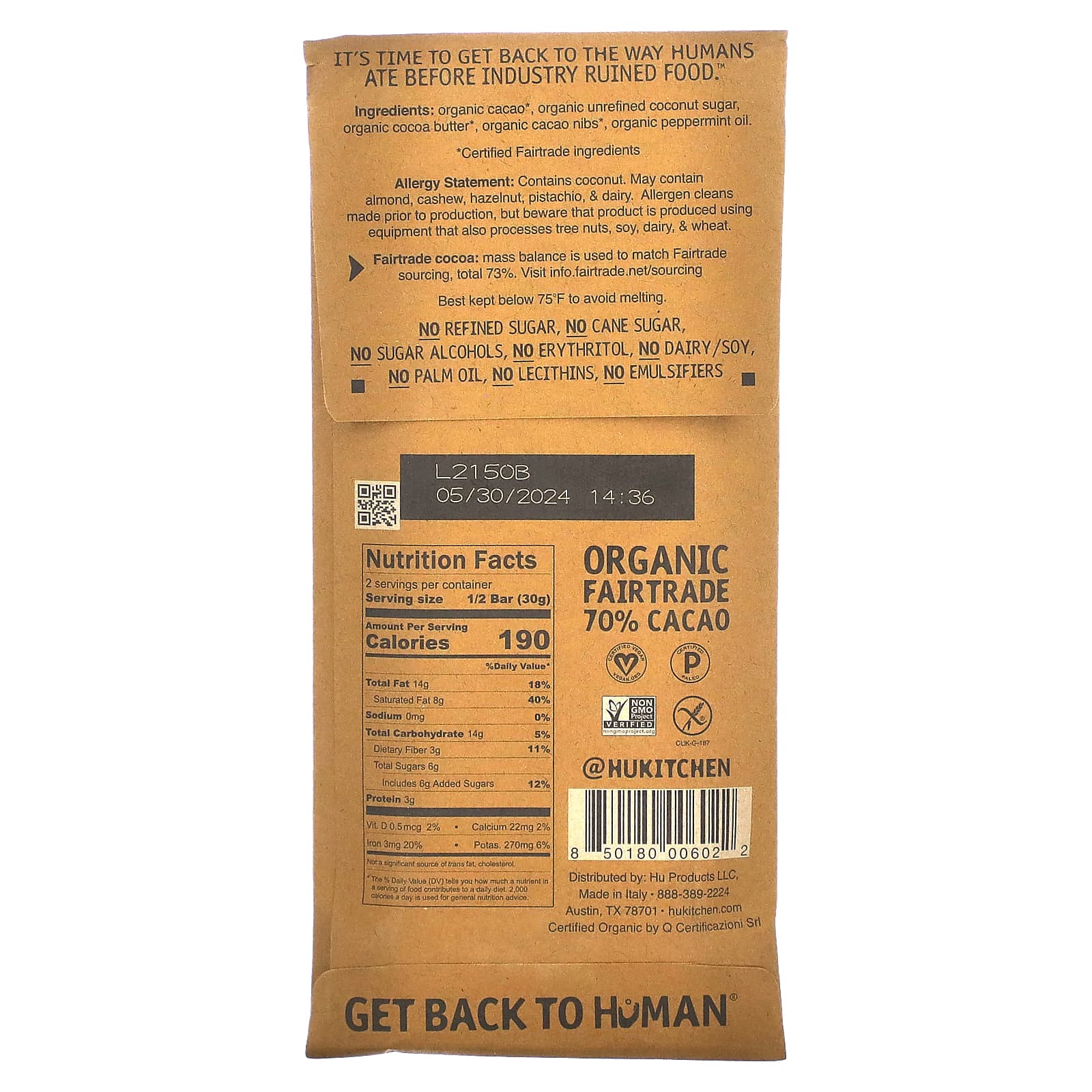 Hu, Темный шоколад с хрустящей мятой, 2,1 унции (60 г)