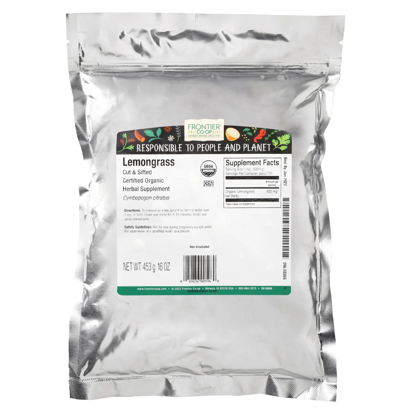 Frontier Co-op, Органический лемонграсс, нарезанный и просеянный, 453 г (16 унций)