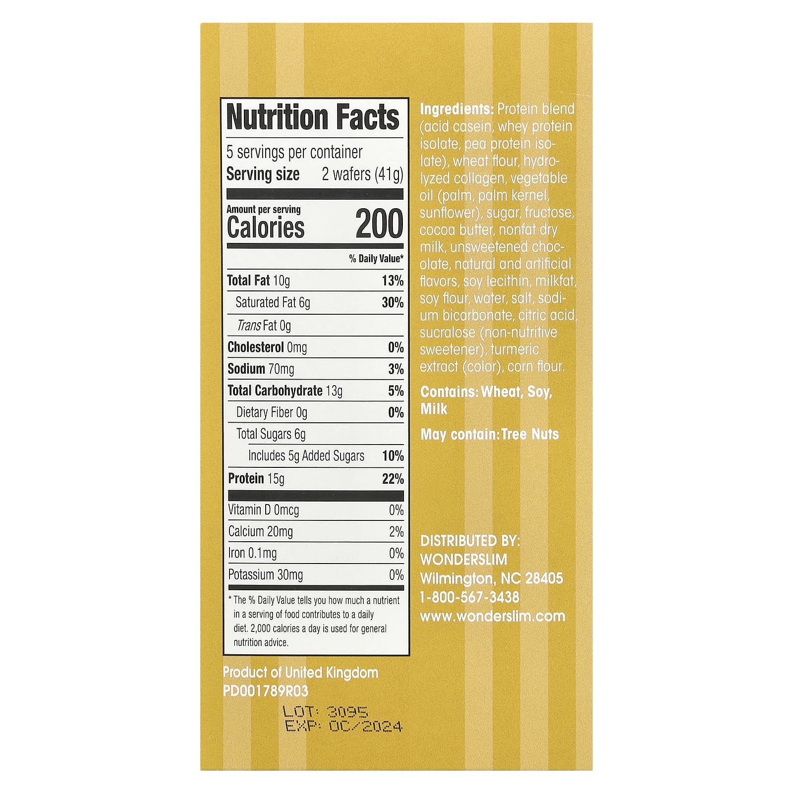 WonderSlim, протеиновая вафля, со вкусом лимона, 5 пакетиков по 41 г (1,45 унции)