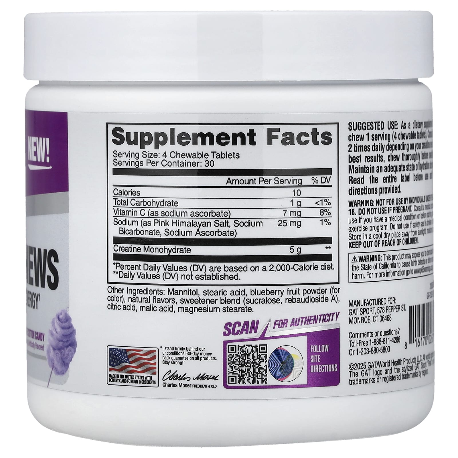 GAT, Sport, жевательная добавка с креатином, виноградная сладкая вата, 120 жевательных таблеток