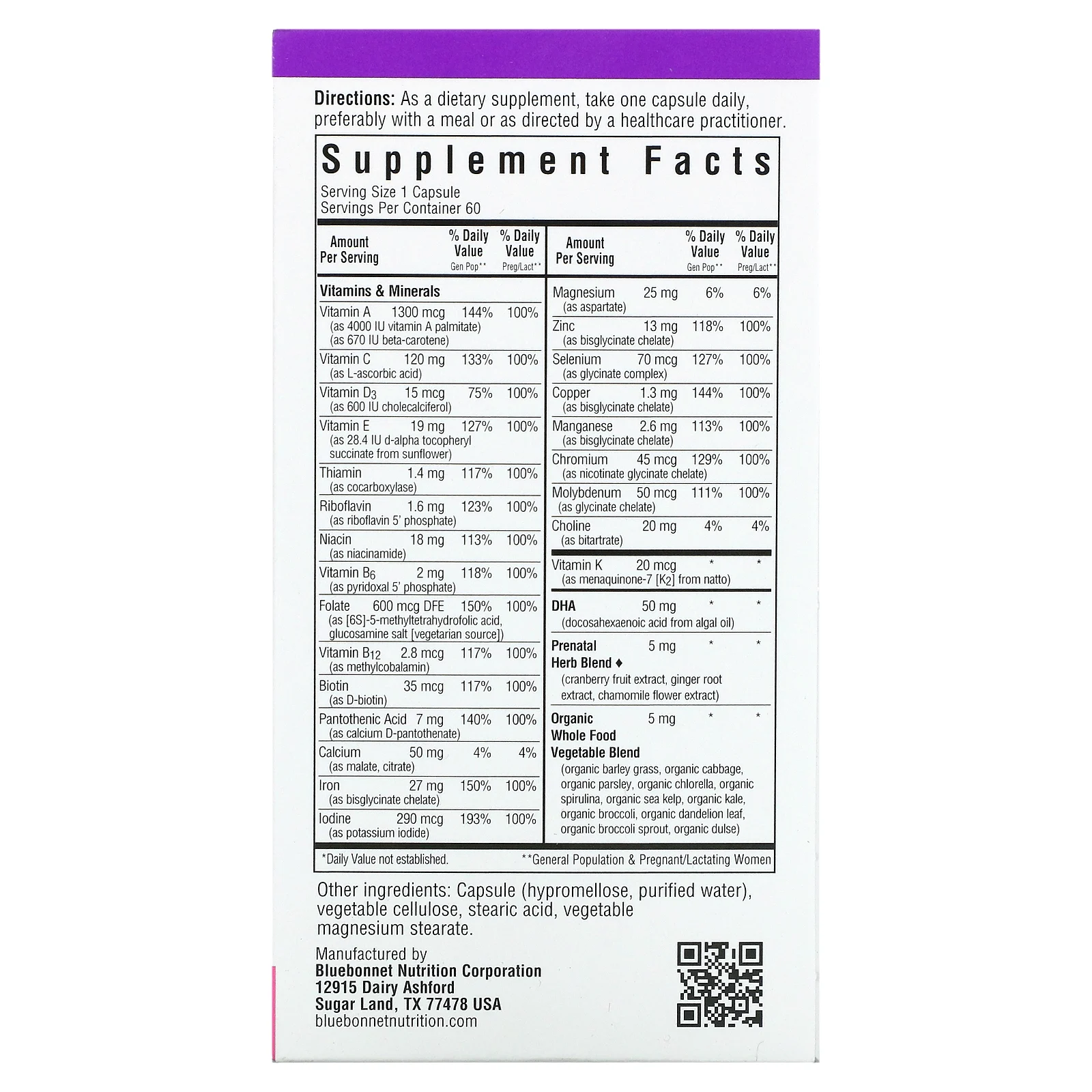 Bluebonnet Nutrition, Ladies' ONE, мультивитаминная добавка на основе цельных продуктов, для беременных, 60 растительных капсул