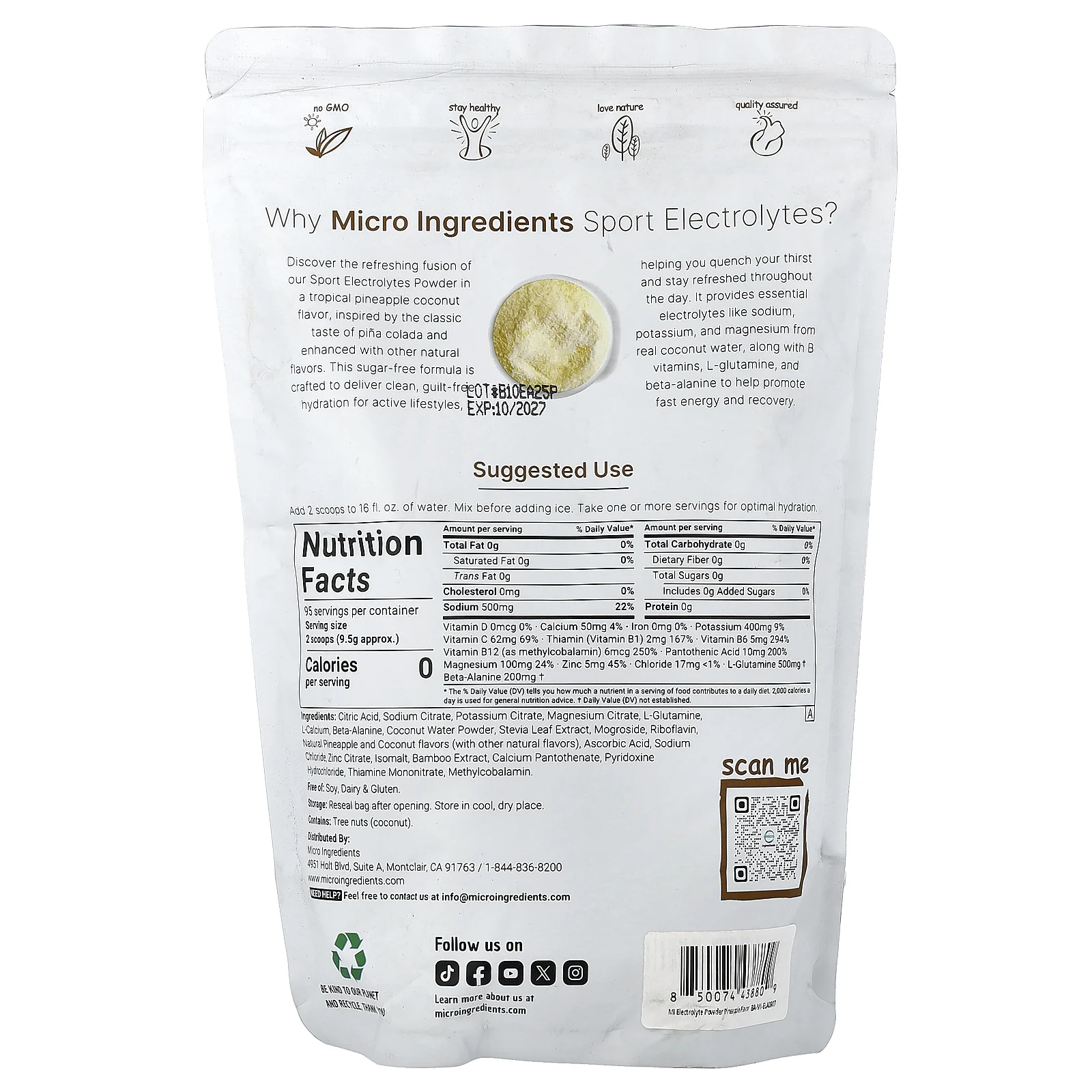 Micro Ingredients, Sport Электролиты в порошке, пина колада, 907 г (2 фунта)