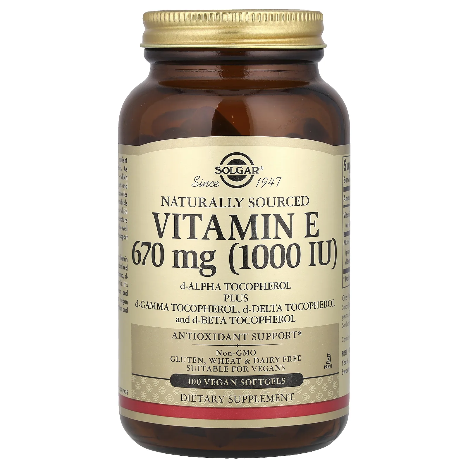 Solgar, натуральный витамин E, 670 мг (1000 МЕ), 100 вегетарианских мягких таблеток